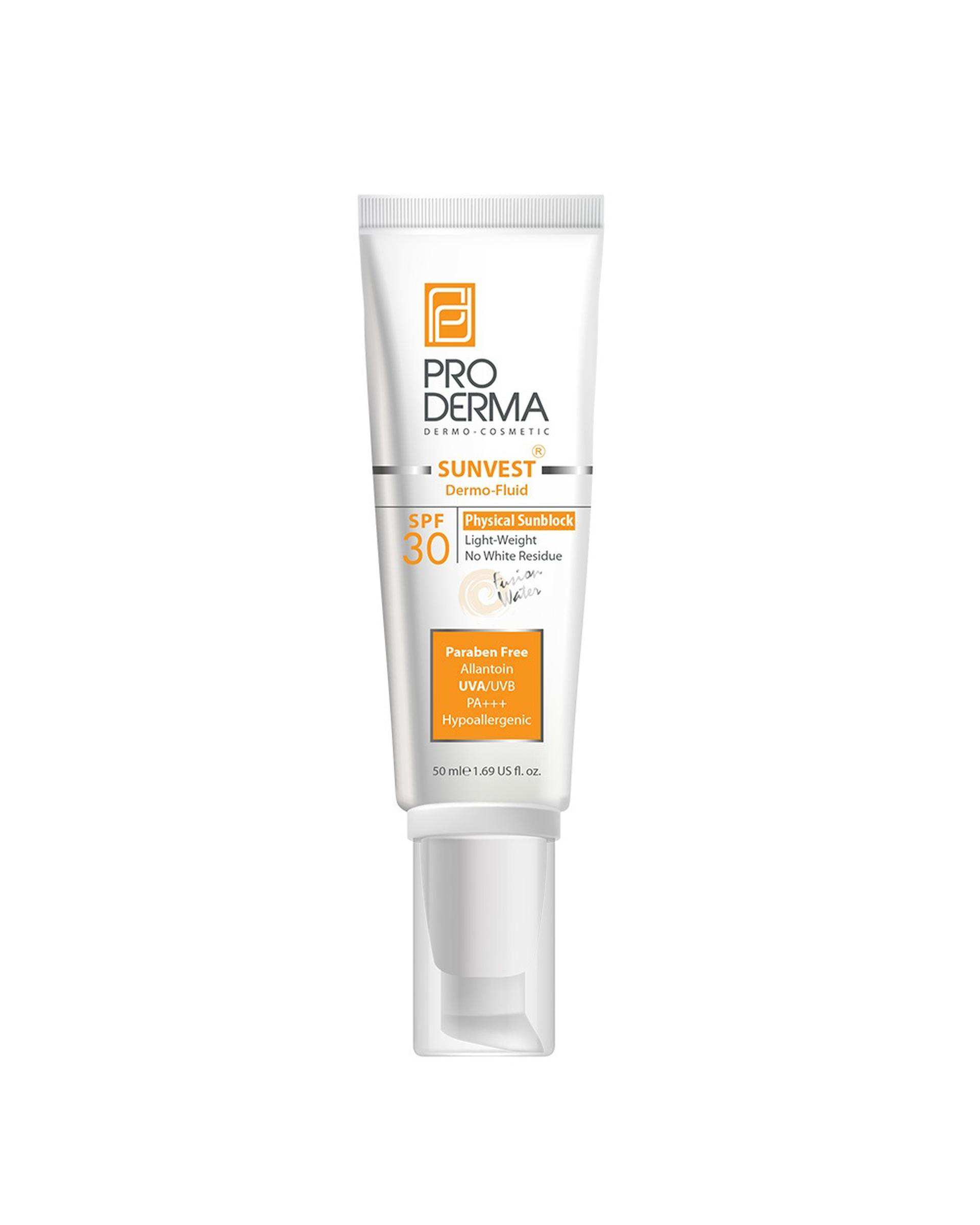 فلوئید ضد آفتاب بی رنگ SPF30 پرودرما Proderma فاقد جاذب های شیمیایی 50ml