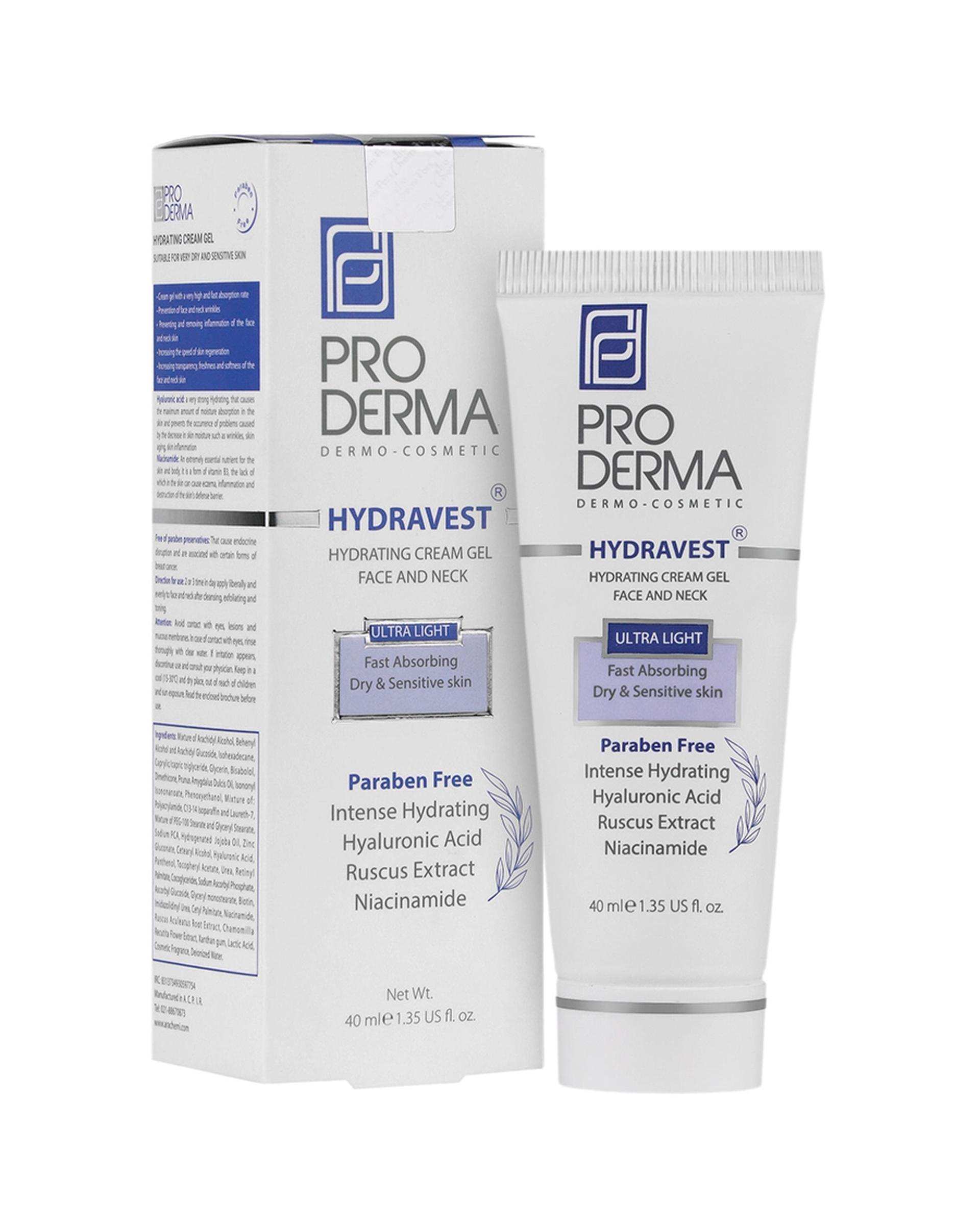 کرم ژل آبرسان صورت و گردن پرودرما Proderma مدل Hydravest حجم 40ml