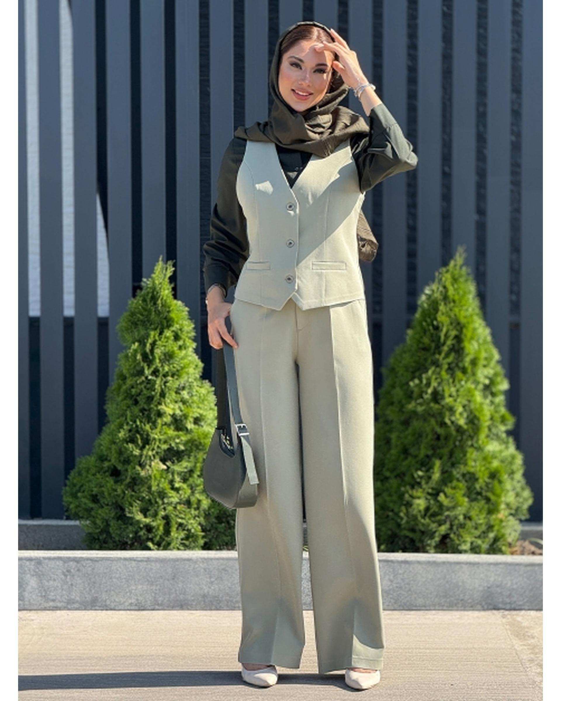 ست جلیقه و شلوار زنانه سبز سدری روشن کد 18464