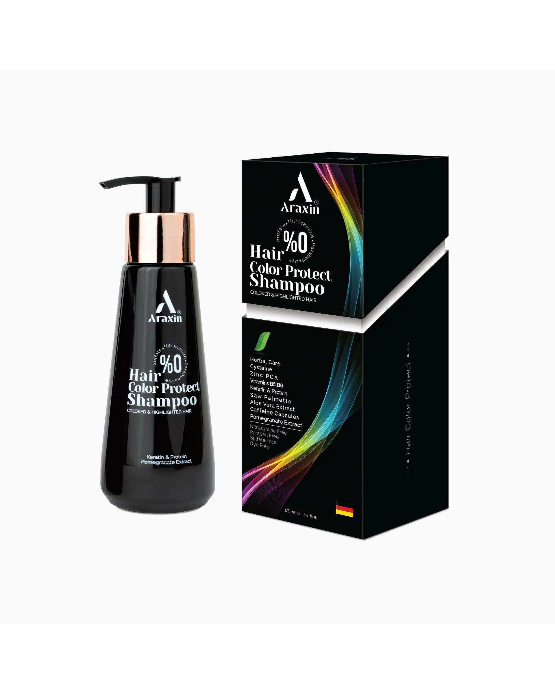 شامپو تخصصی تثبیت کننده رنگ و ضد ریزش مو آراکسین Araxin مناسب موهای رنگ شده و آسیب دیده 175ml