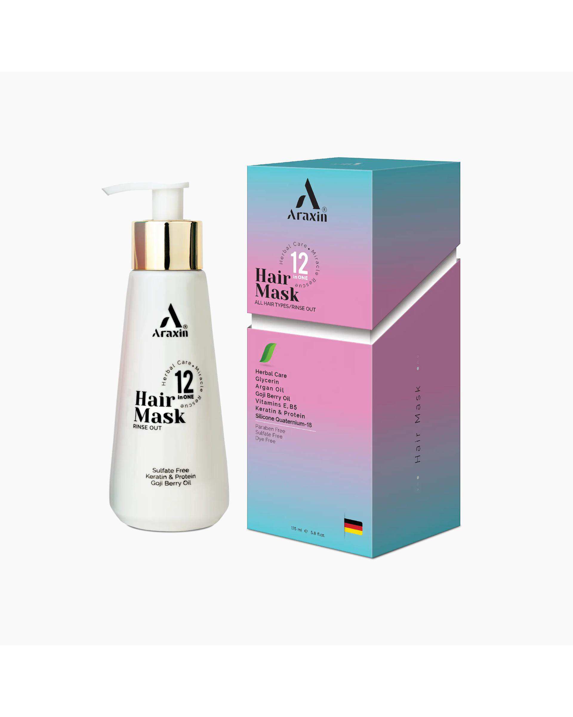 ماسک مو بدون سولفات گیاهی 12 کاره آراکسین Araxin مناسب انواع مو حجم 175ml