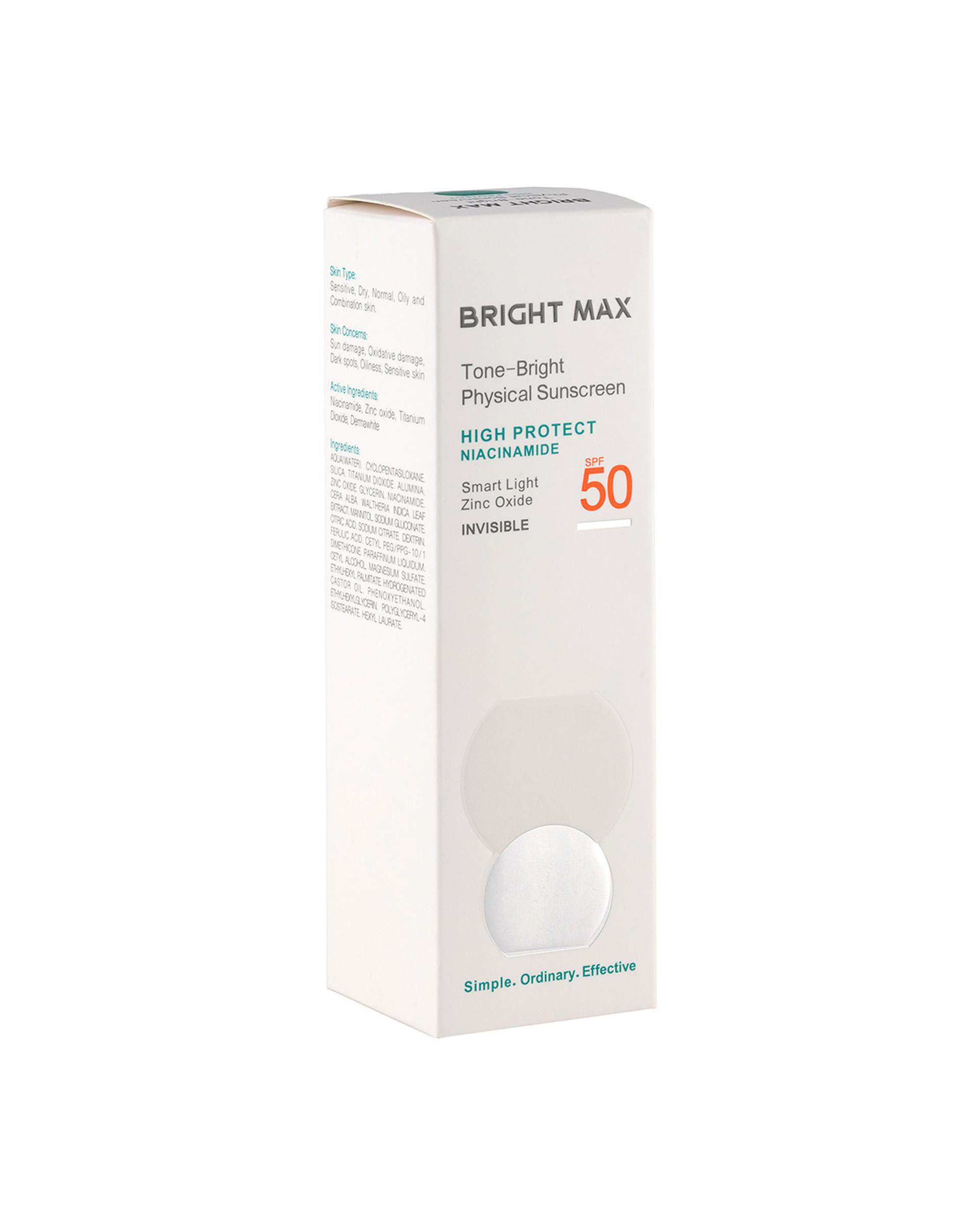 ضد آفتاب بی رنگ SPF50 فیزیکال برایت مکس Bright Max مدل Tone Bright حجم 40ml