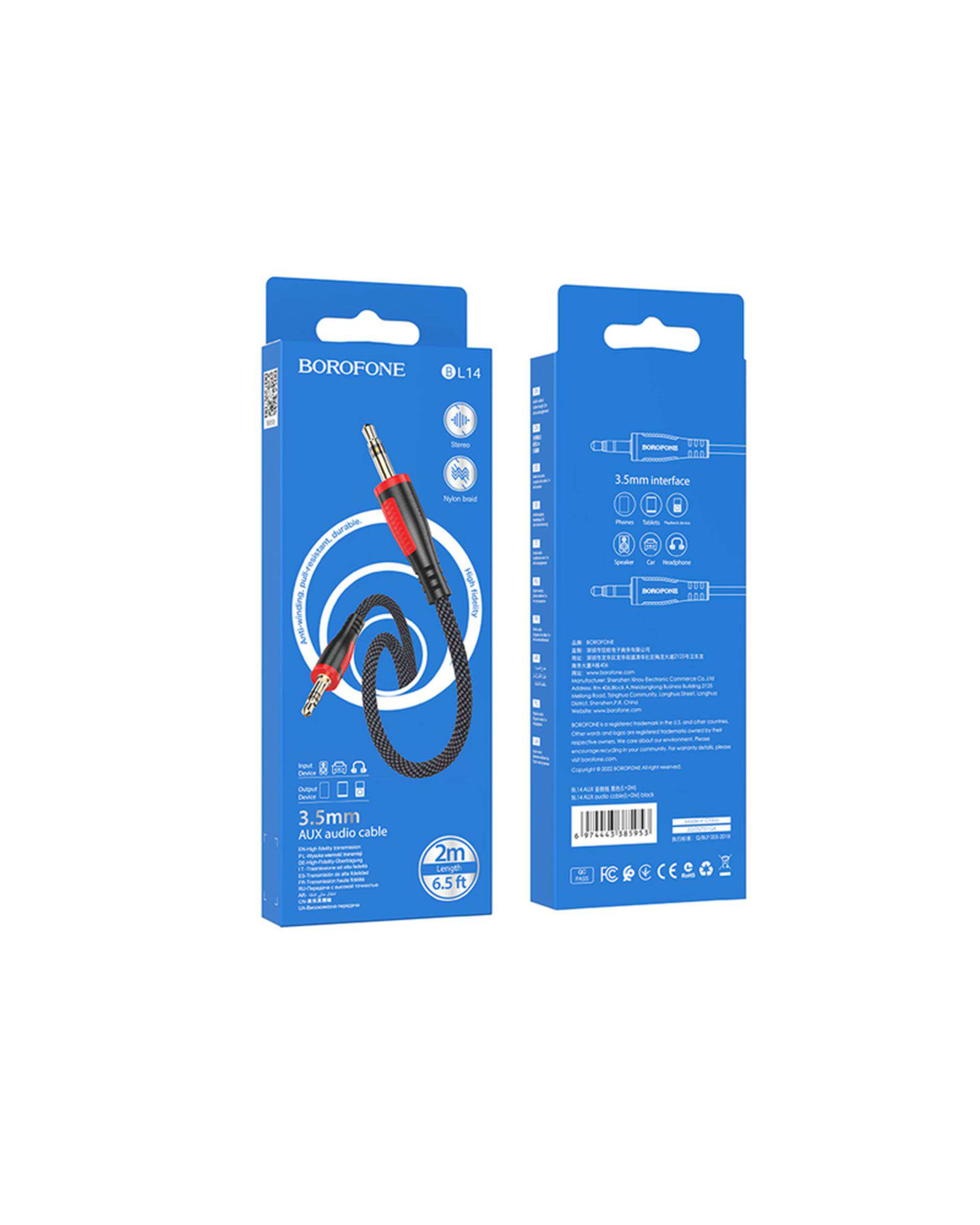 کابل AUX مشکی بروفون Borofone مدل BL14 طول 2 متر