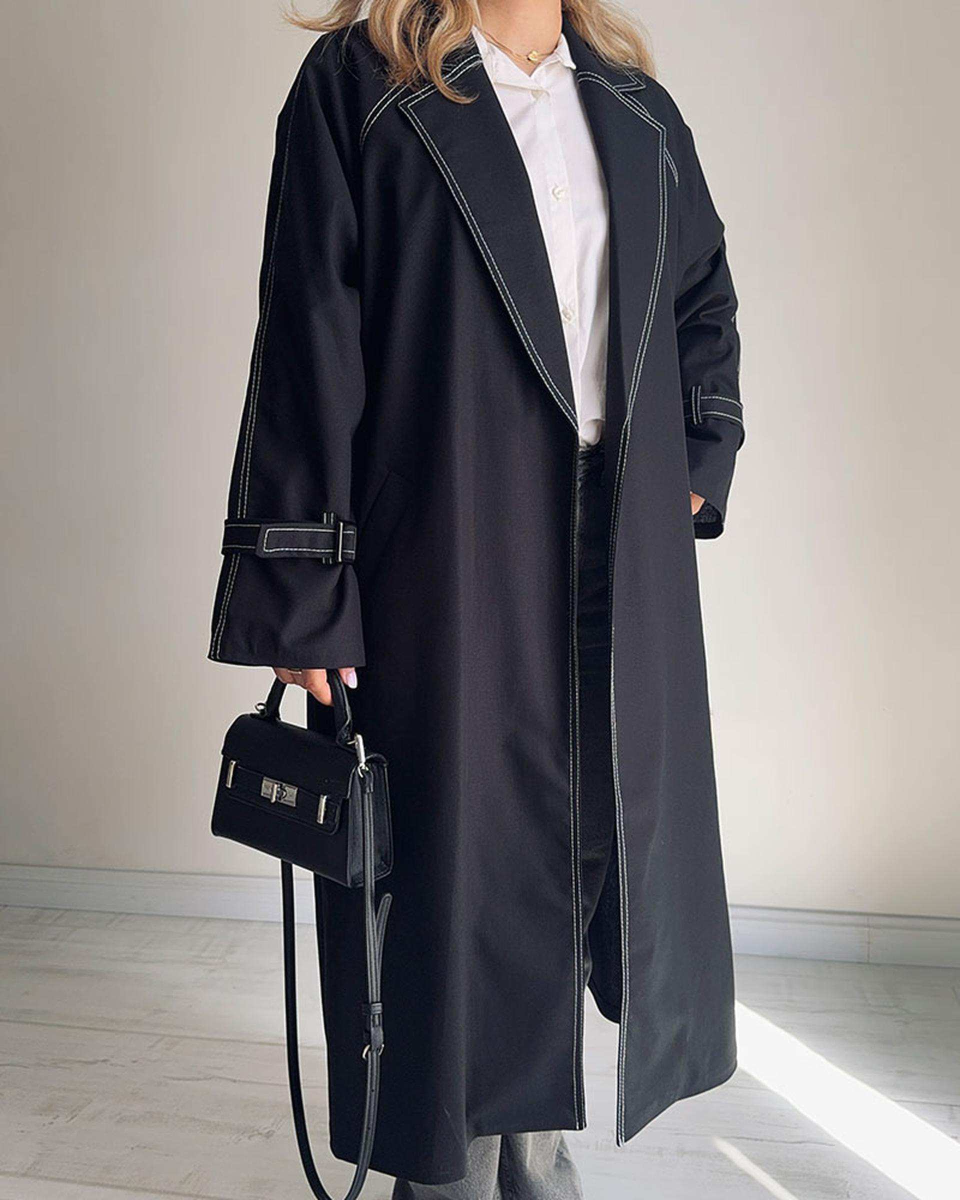 ترنچ کت زنانه بلند مشکی نگار ندایی Negar Nedaei مدل Line