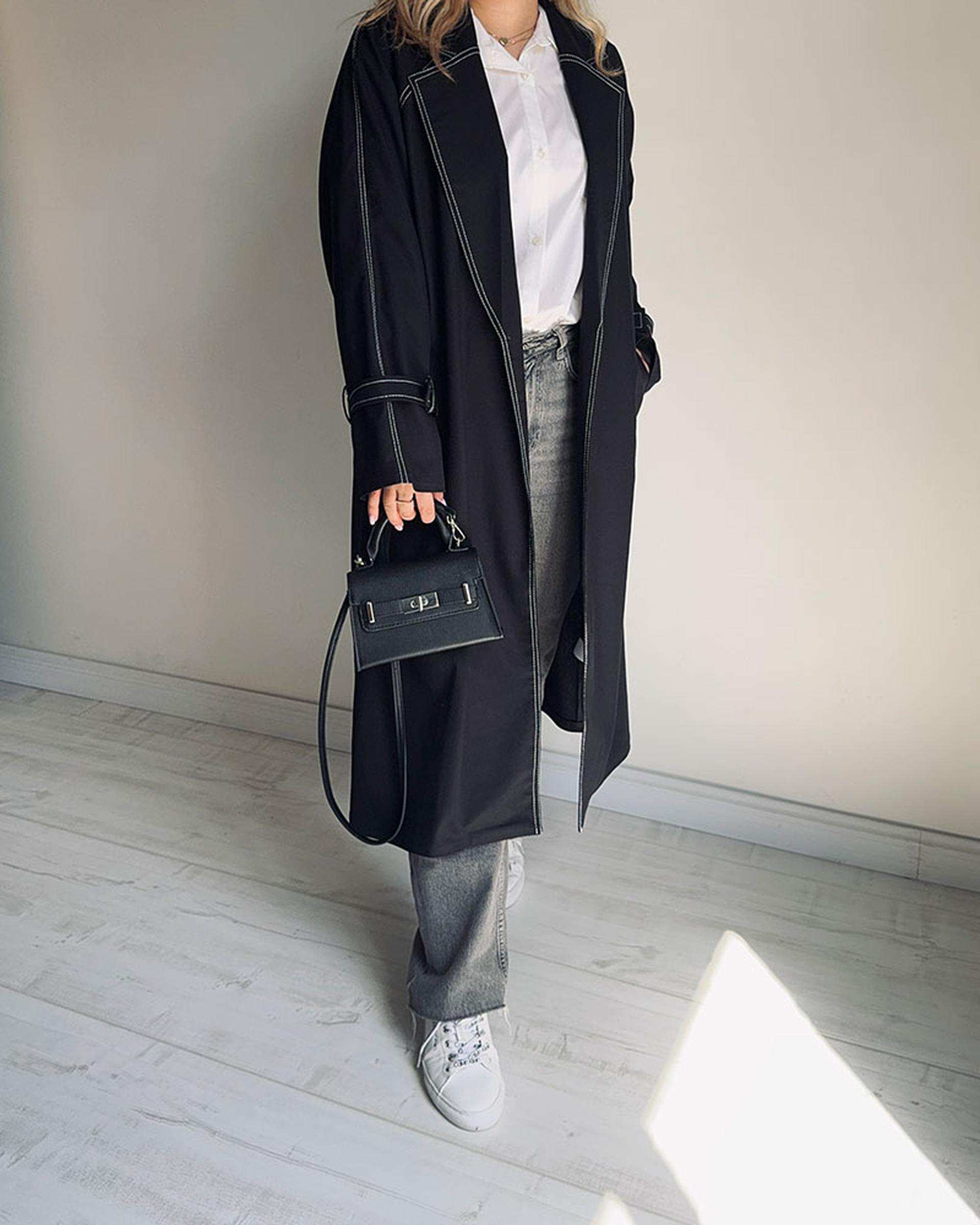 ترنچ کت زنانه بلند مشکی نگار ندایی Negar Nedaei مدل Line