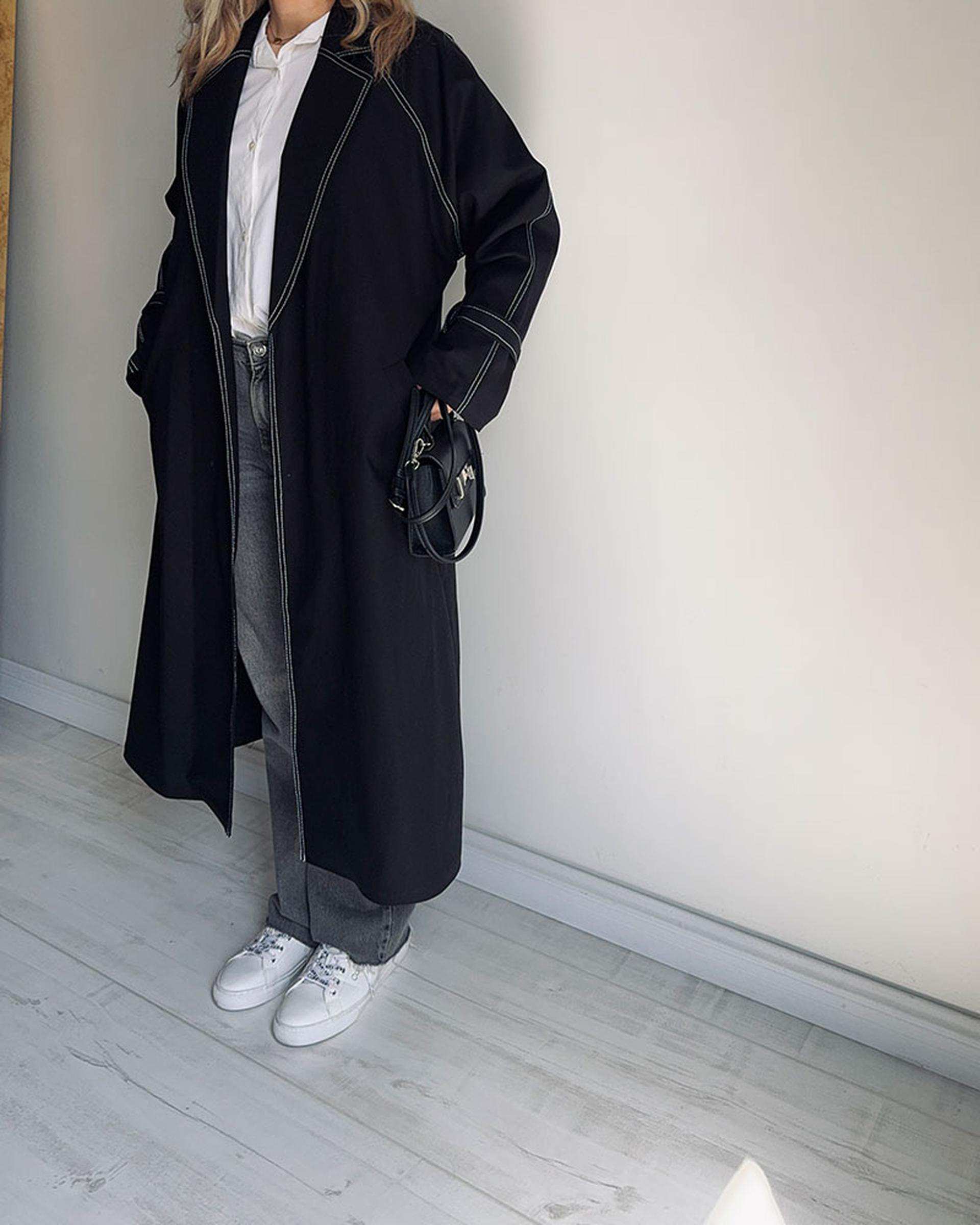 ترنچ کت زنانه بلند مشکی نگار ندایی Negar Nedaei مدل Line