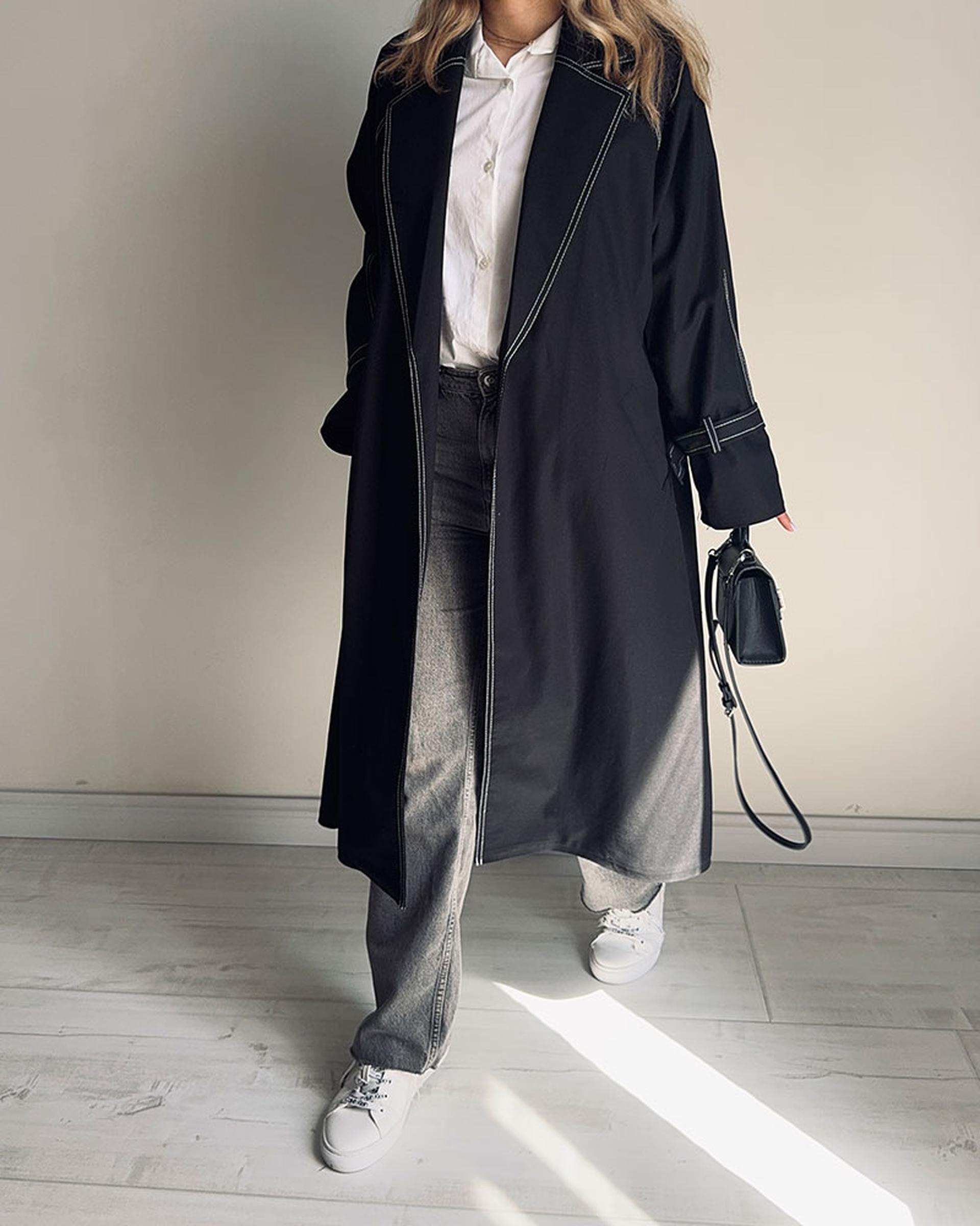 ترنچ کت زنانه بلند مشکی نگار ندایی Negar Nedaei مدل Line