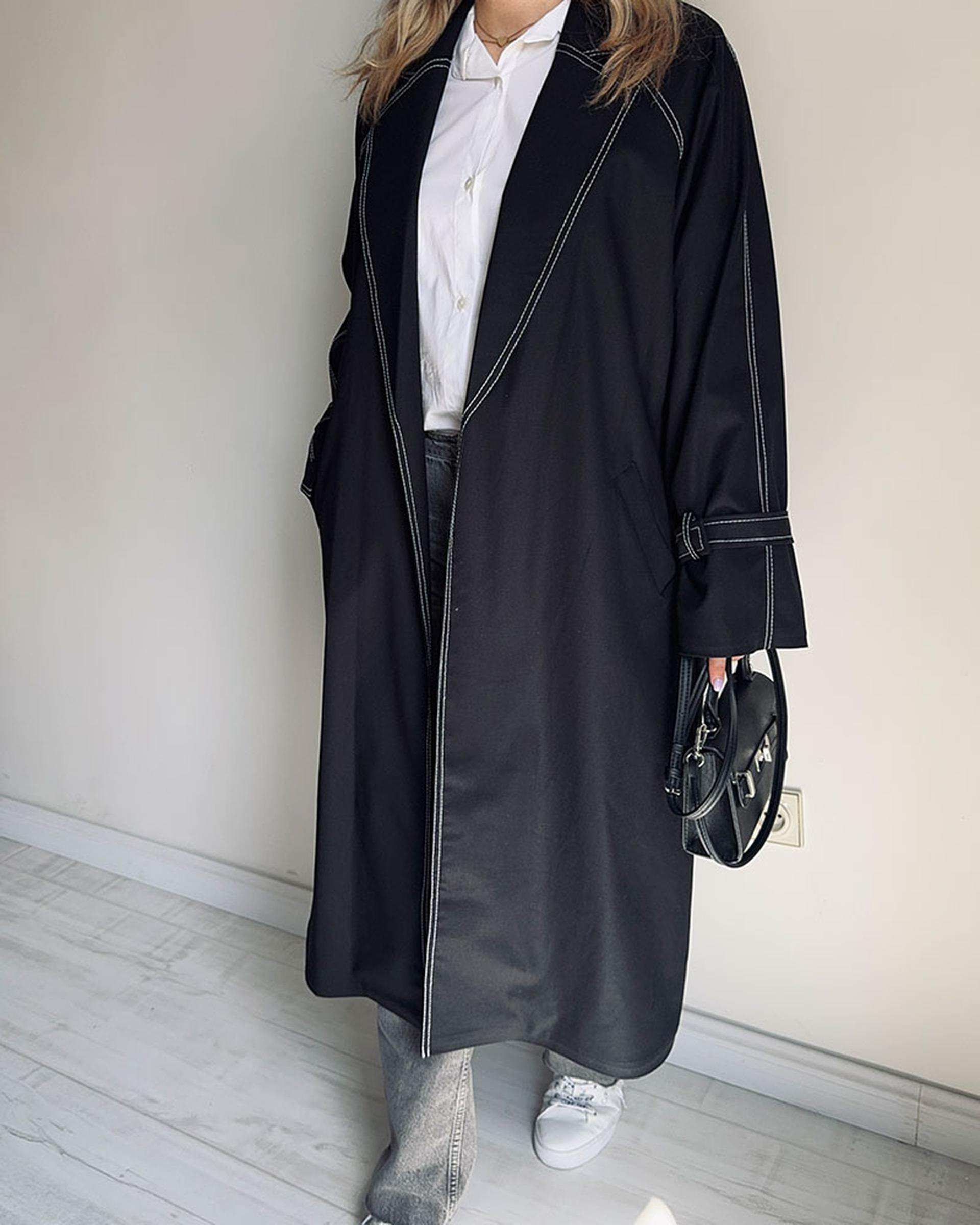 ترنچ کت زنانه بلند مشکی نگار ندایی Negar Nedaei مدل Line