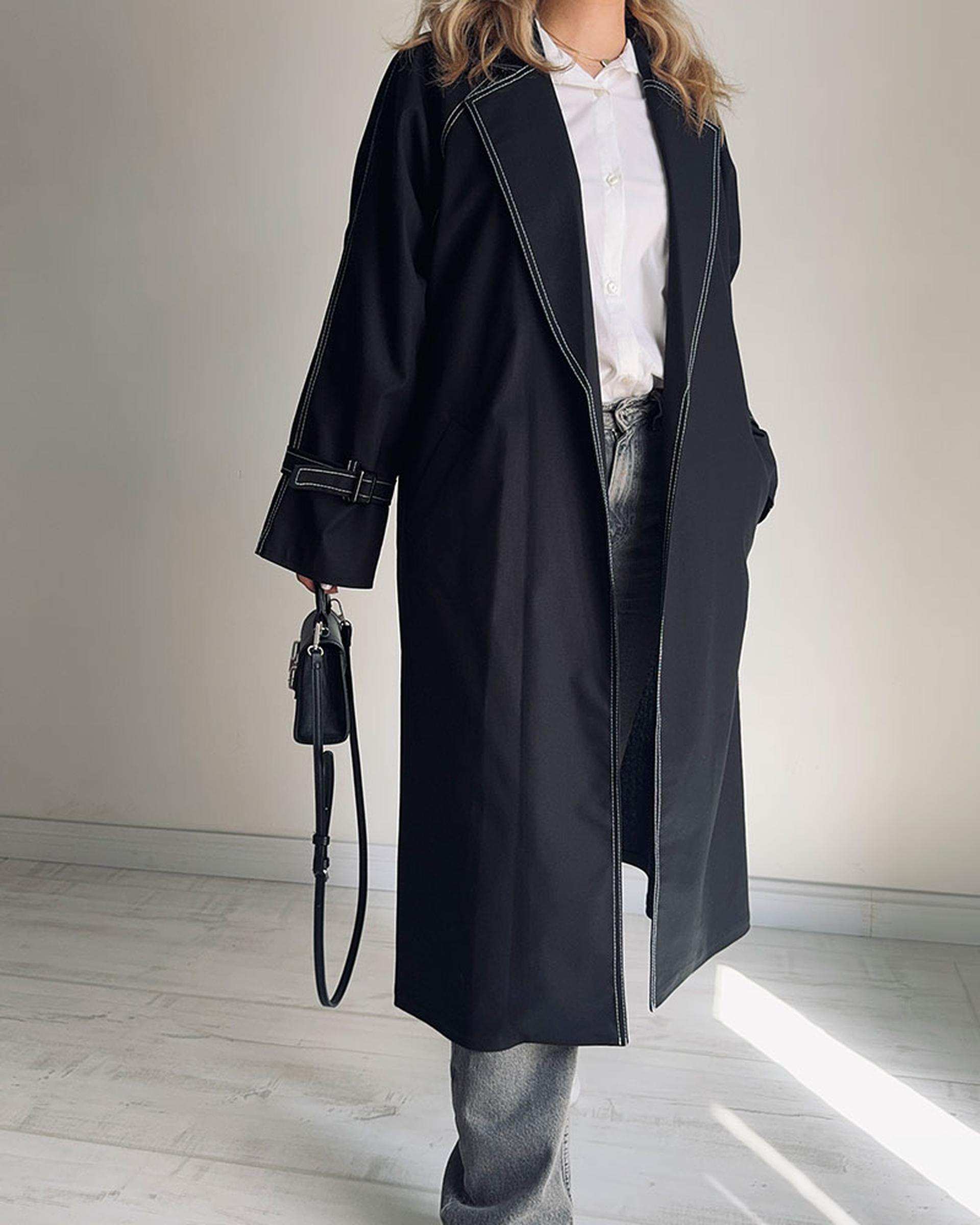 ترنچ کت زنانه بلند مشکی نگار ندایی Negar Nedaei مدل Line