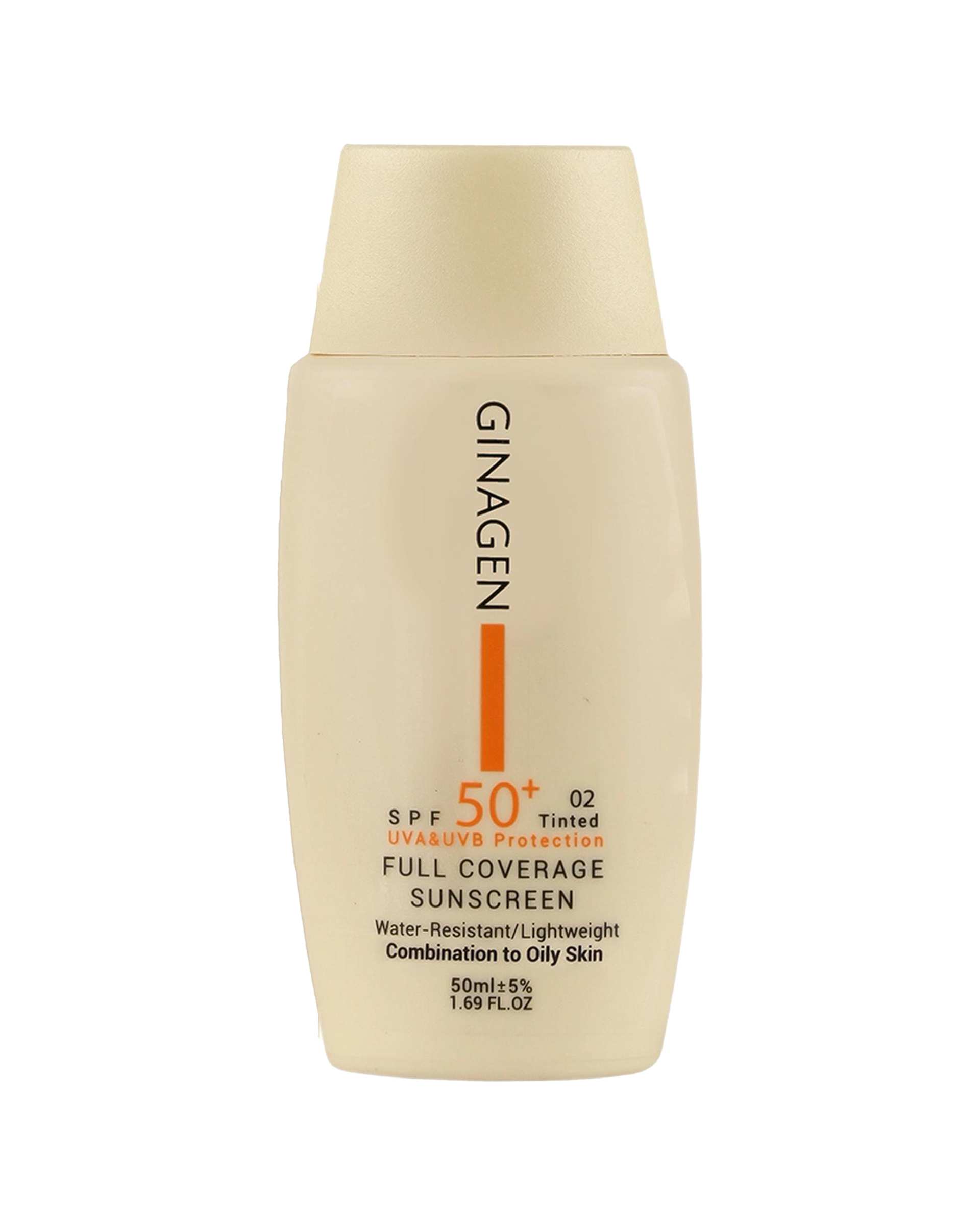 کرم ضد آفتاب رنگی SPF50 ژیناژن Ginagen مناسب پوست چرب و مختلط شماره 02