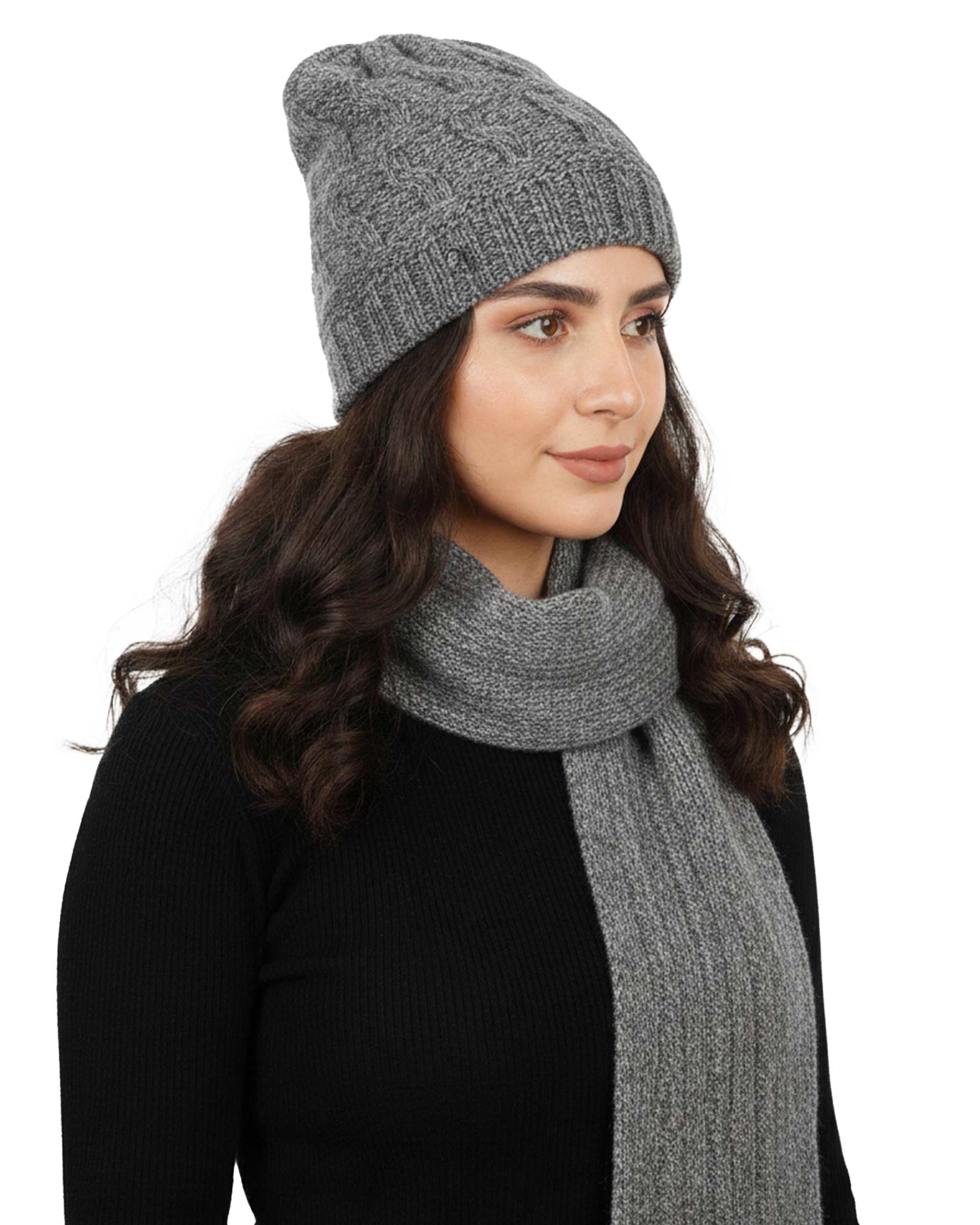 ست کلاه و شال گردن بافت طوسی تارتن Tartan مدل لیس مارپیچ کد 212000606