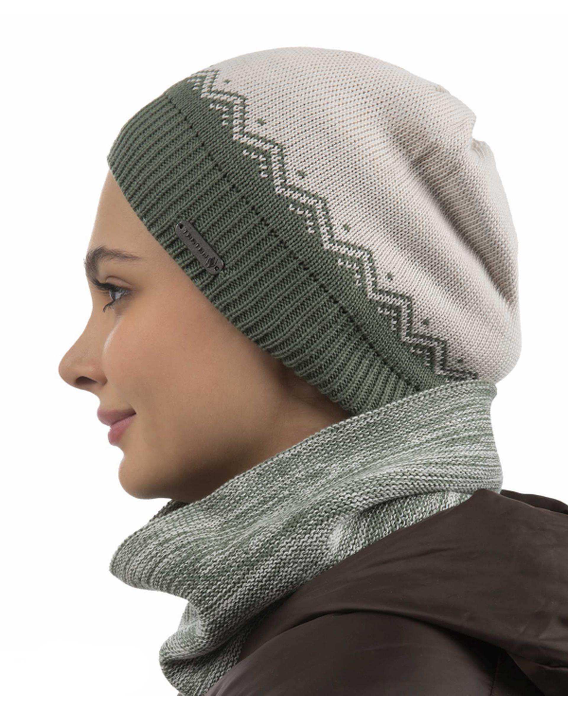 ست کلاه و شال گردن بافت رینگی کرم سبز تارتن Tartan مدل مثلث کد 221000126