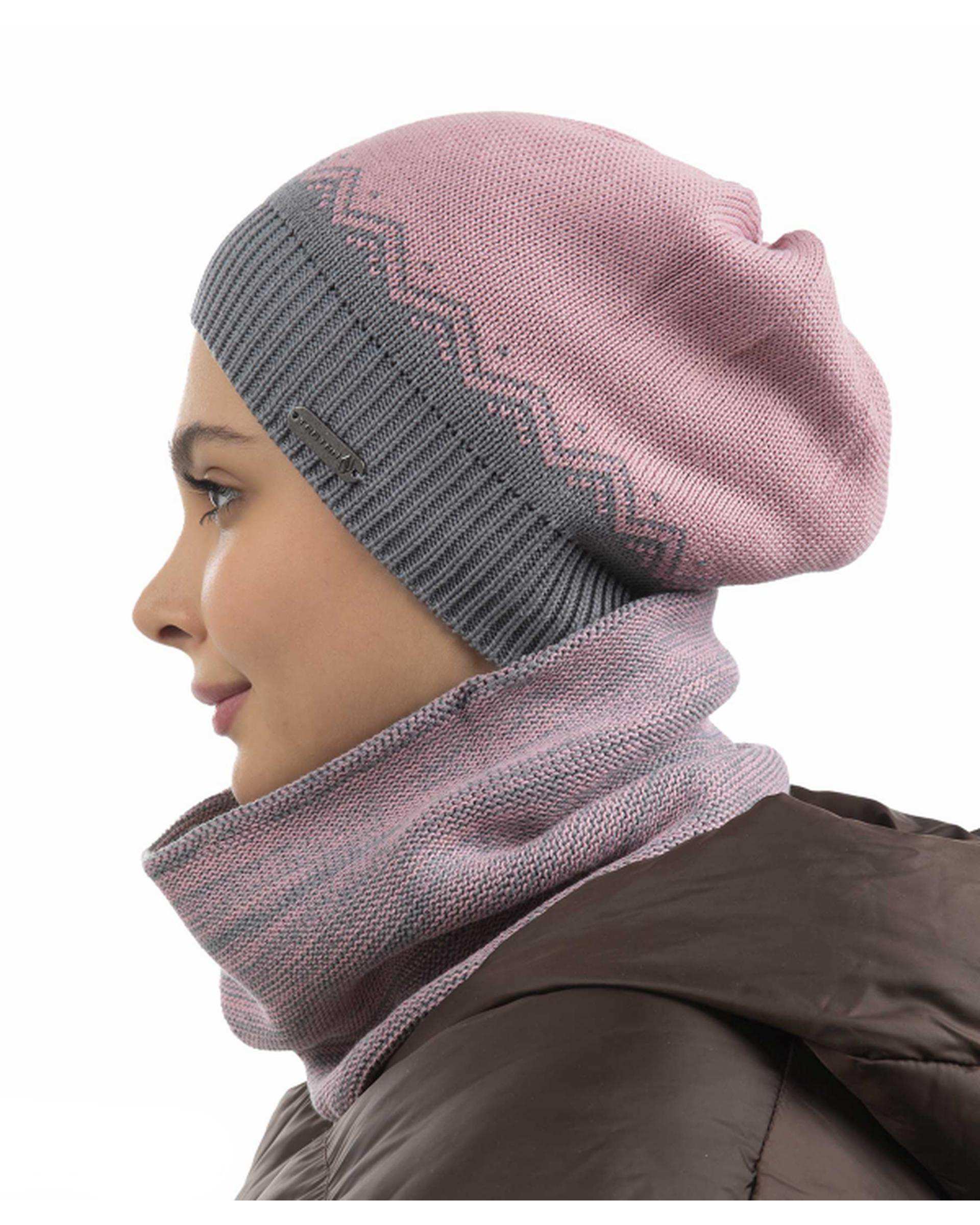 ست کلاه و شال گردن بافت رینگی صورتی طوسی تارتن Tartan مدل مثلث کد 221000126