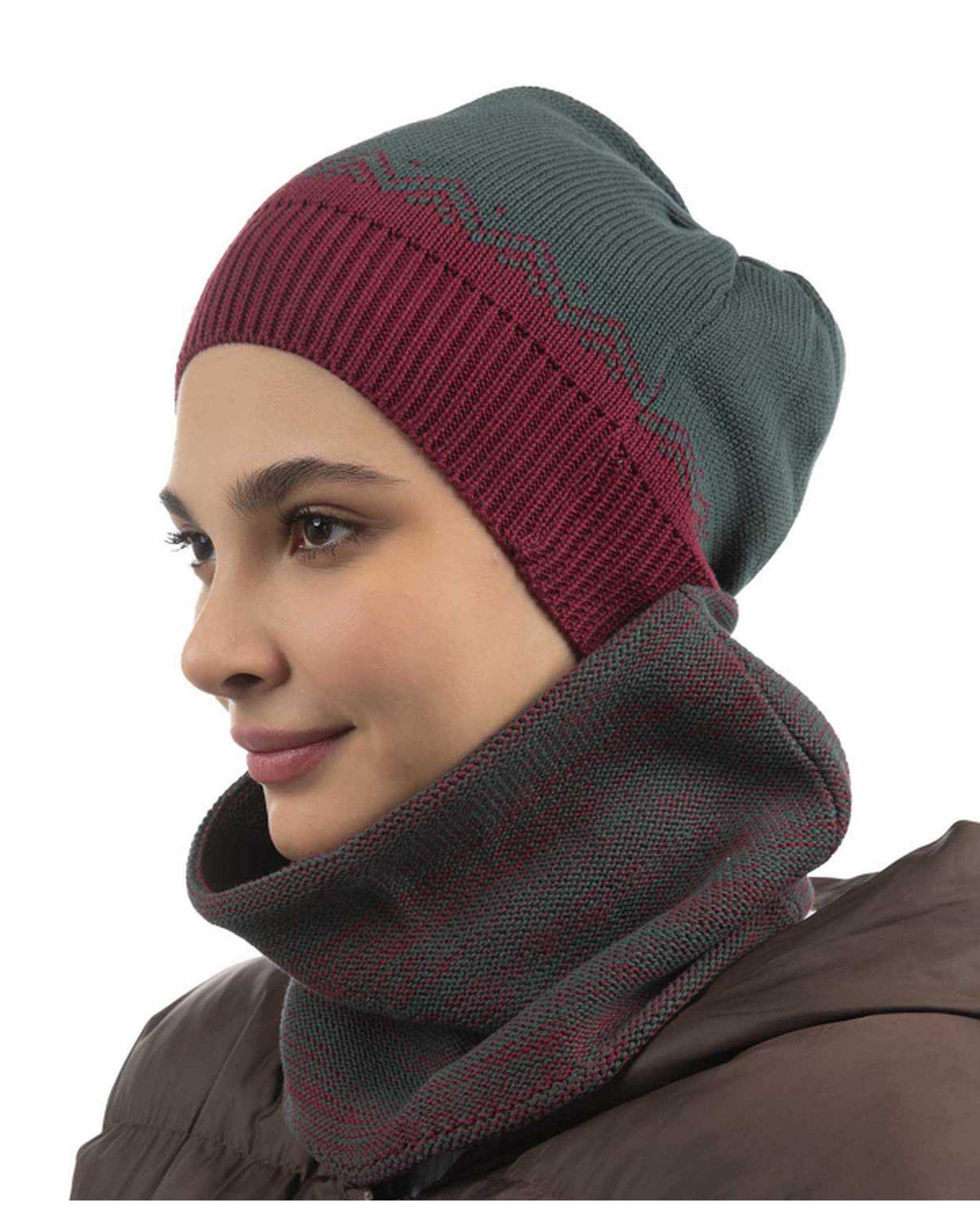 ست کلاه و شال گردن بافت رینگی سبز زرشکی تارتن Tartan مدل مثلث کد 221000126