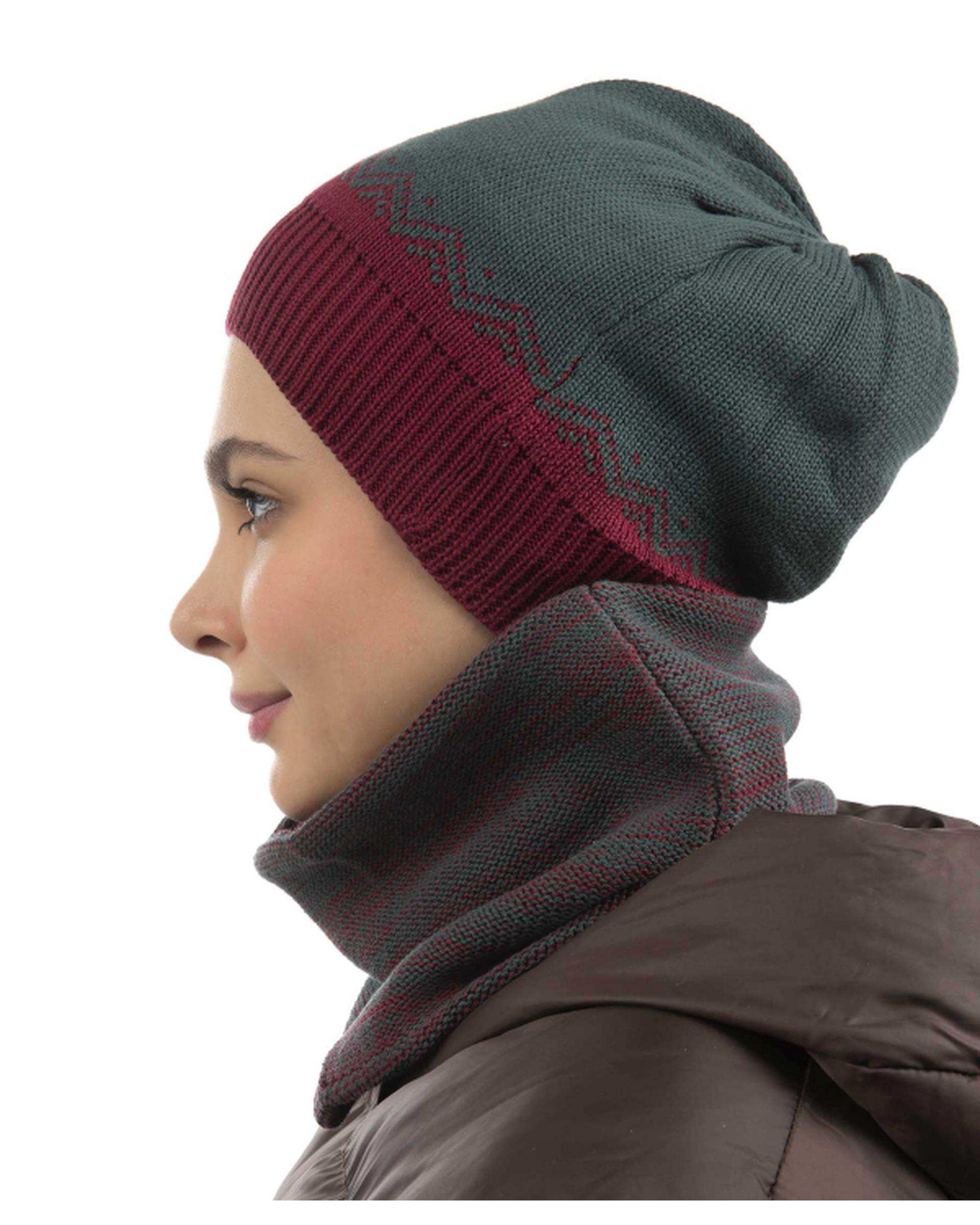 ست کلاه و شال گردن بافت رینگی سبز زرشکی تارتن Tartan مدل مثلث کد 221000126