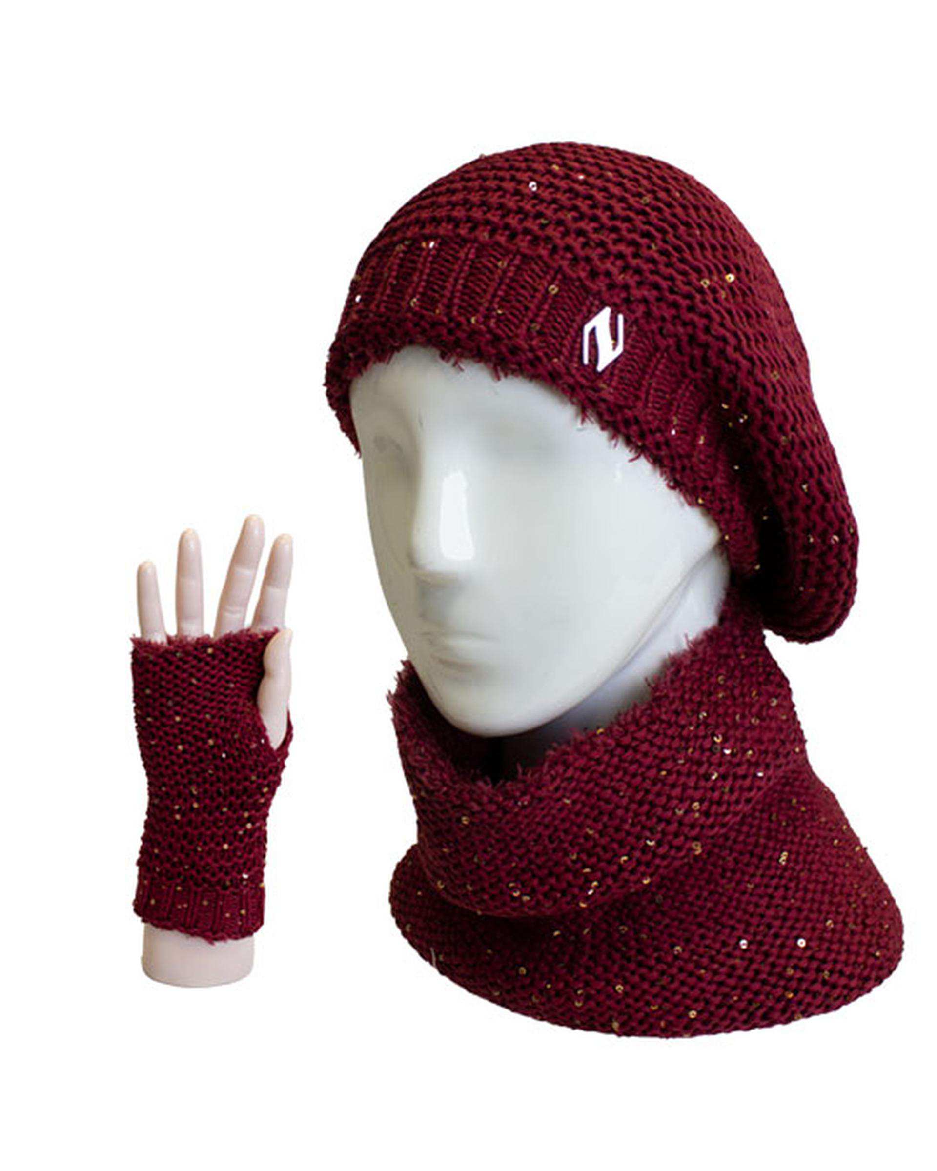 ست کلاه و شال گردن رینگی و دستکش پولکی زرشکی تارتن Tartan کد 332113605