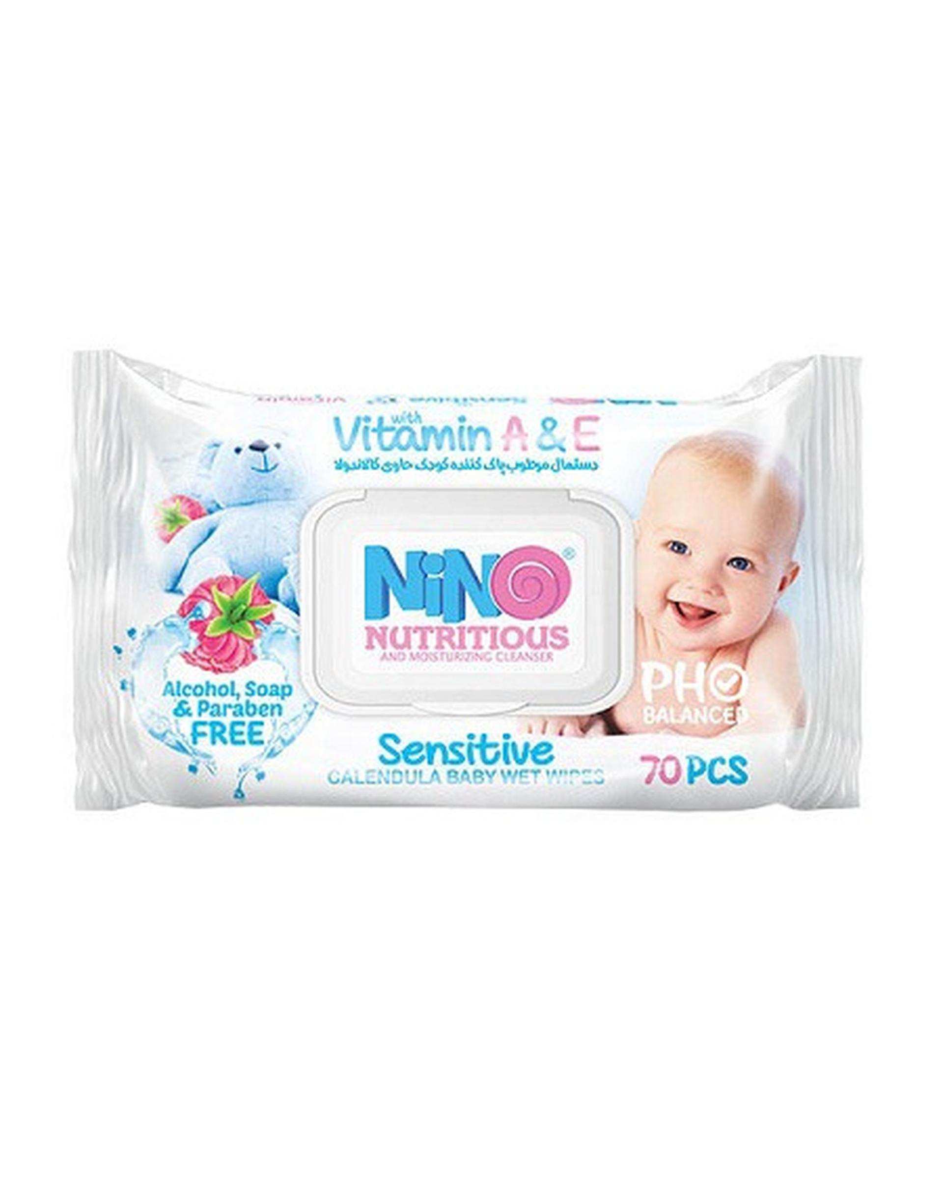 دستمال مرطوب پاک کننده کودک نینو Nino حاوی کالاندولا بسته 70 عددی