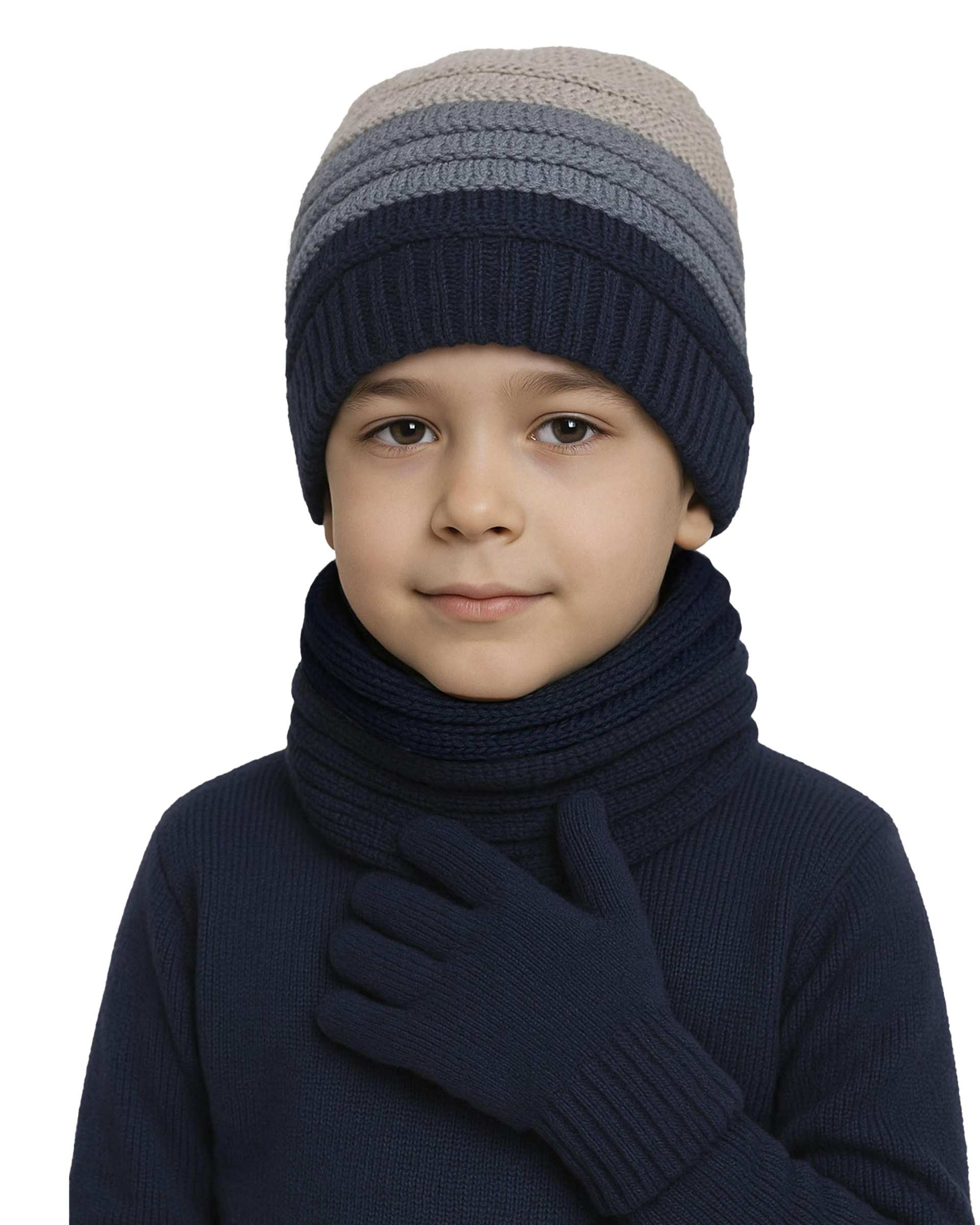 ست سه تکه کلاه و شال گردن و دستکش بچگانه طوسی سرمه ای ملورینا Melorina کد 42108