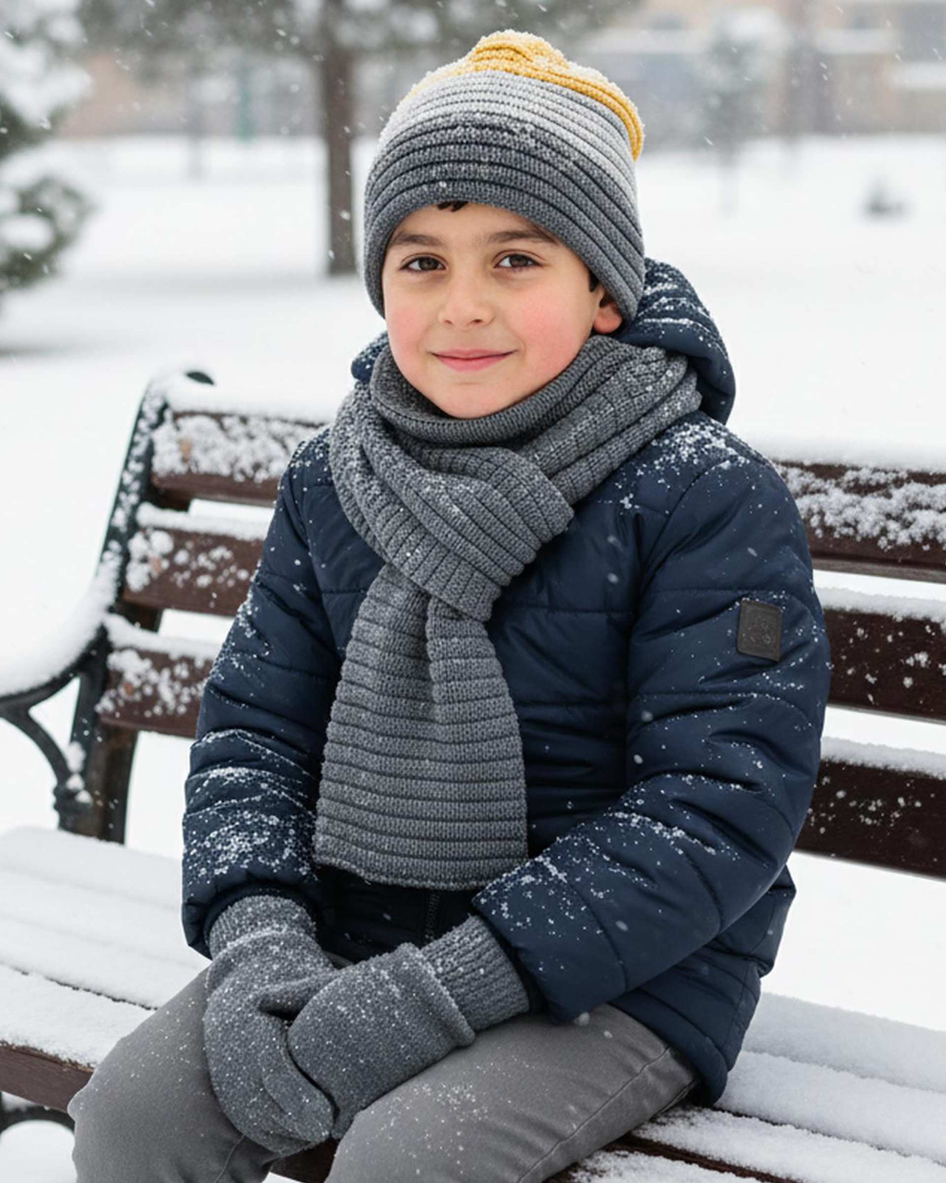 ست سه تکه کلاه و شال گردن و دستکش بچگانه زرد طوسی ملورینا Melorina کد 42108