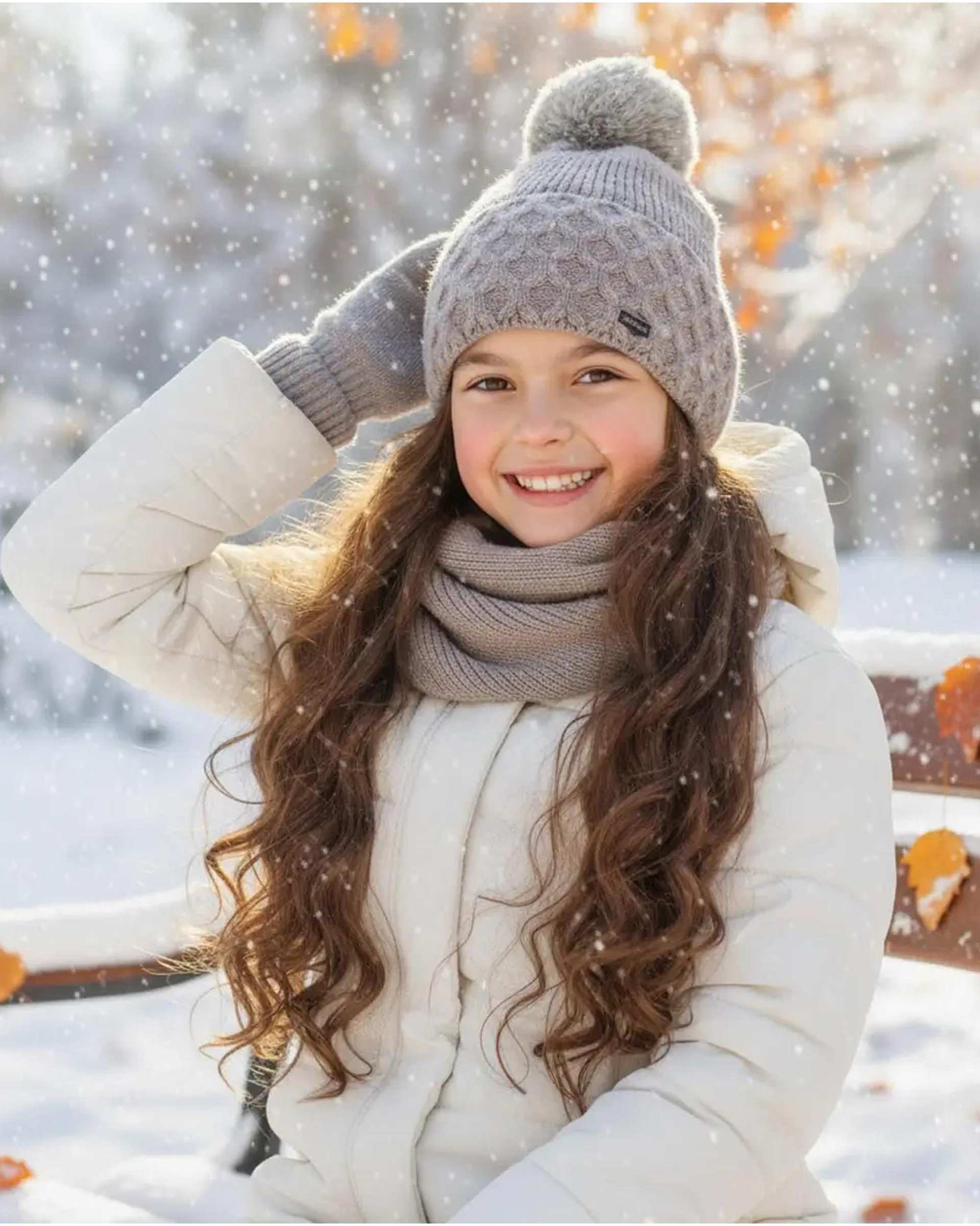ست سه تکه کلاه و شال گردن و دستکش دخترانه نسکافه ای ملورینا Melorina کد 42110
