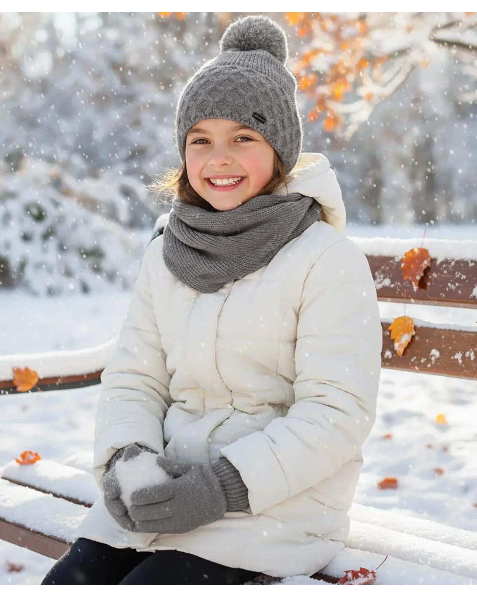 ست سه تکه کلاه و شال گردن و دستکش دخترانه طوسی ملورینا Melorina کد 42110