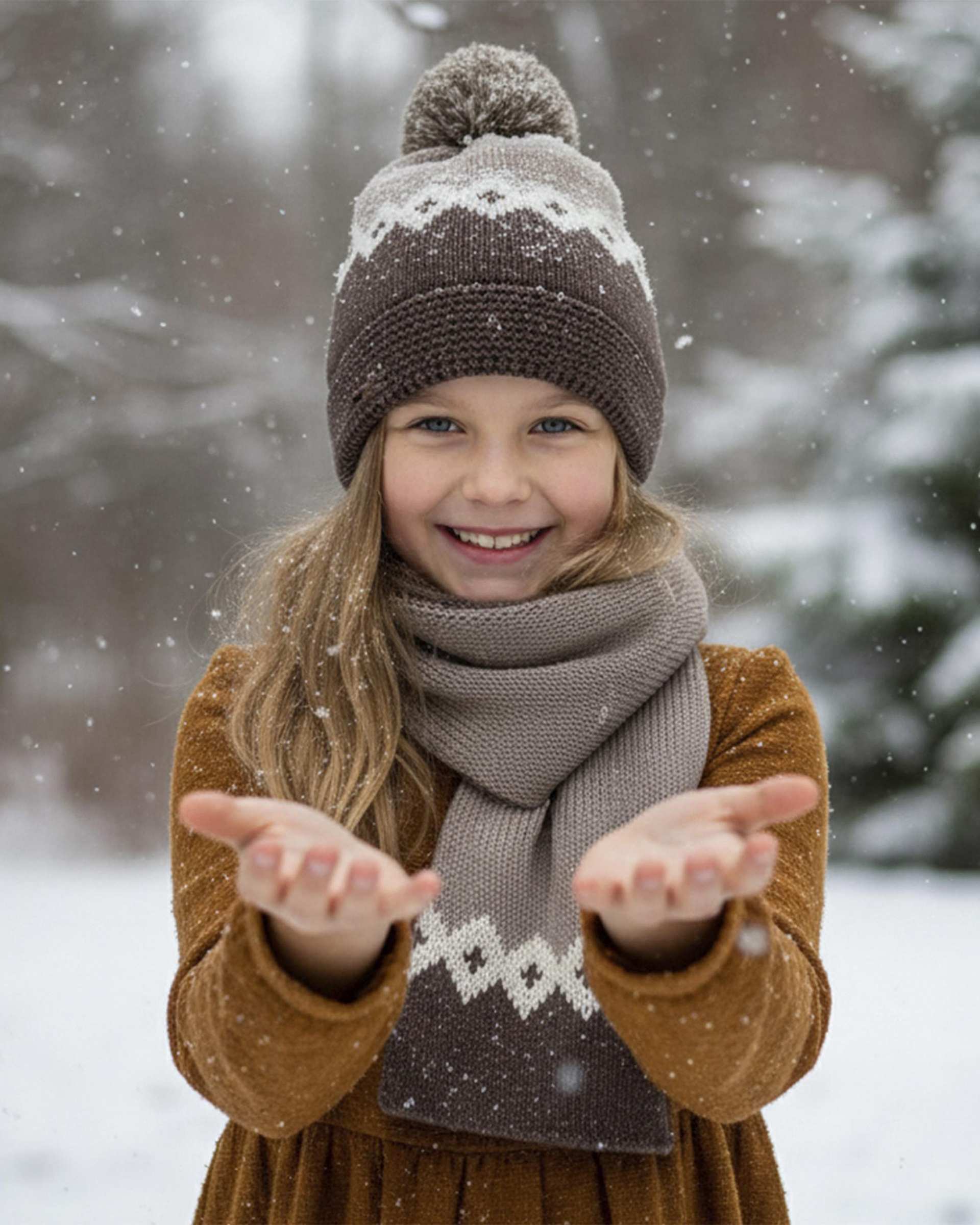 ست کلاه و شال گردن دخترانه طرح لوزی نسکافه ای ملورینا Melorina کد 42112
