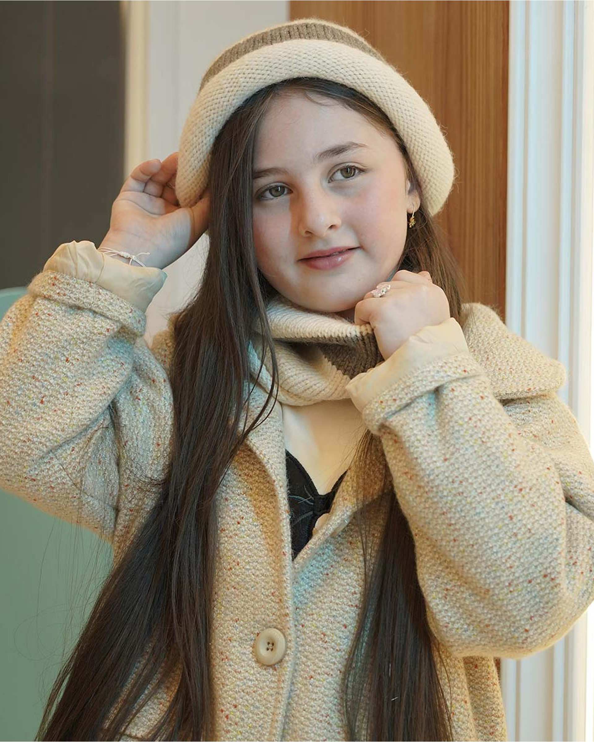 ست کلاه و شال گردن دخترانه نسکافه ای ملورینا Melorina کد 09310