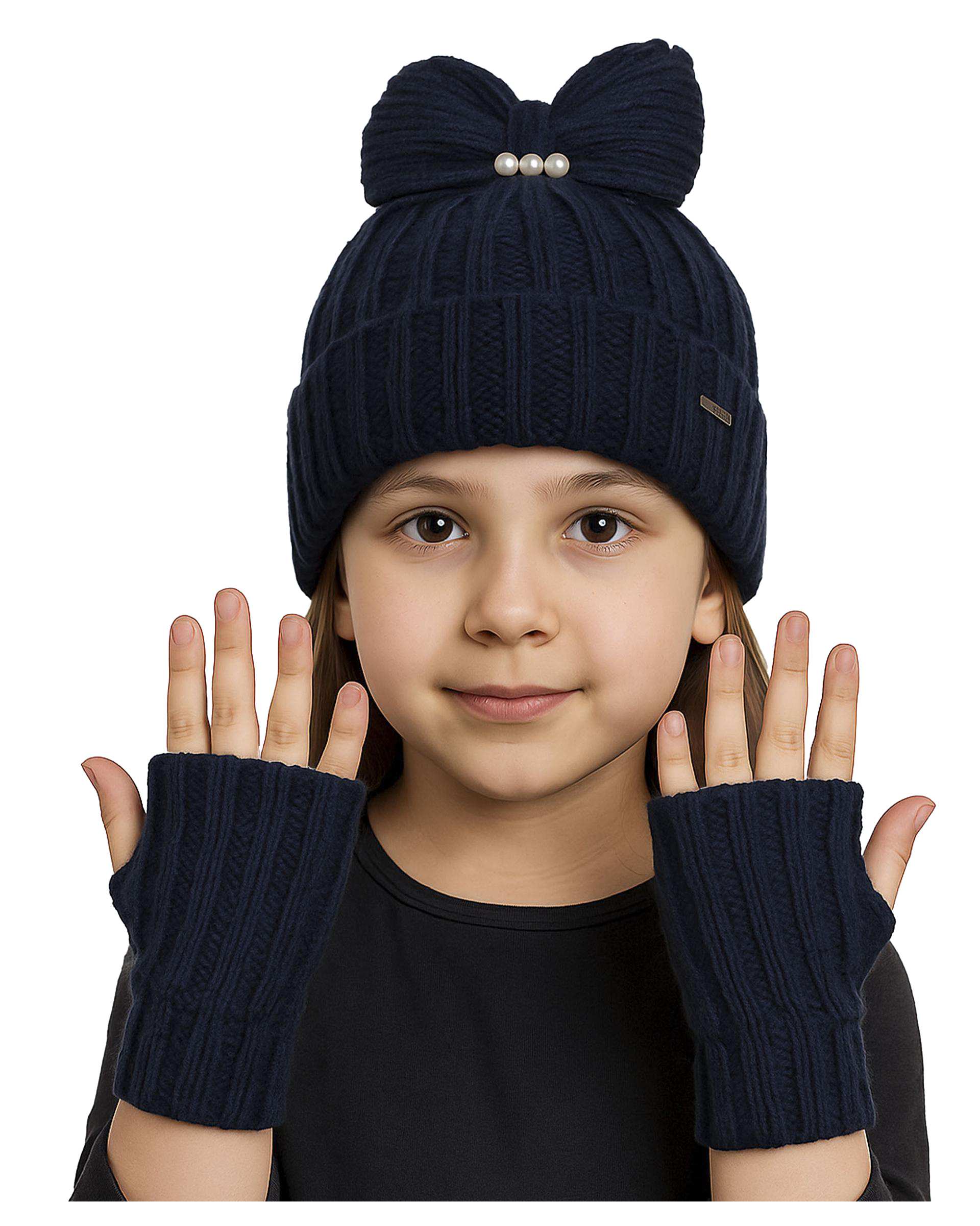 ست سه تکه کلاه و شال گردن و دستکش دخترانه پاپیون دار سرمه ای ملورینا Melorina کد 9114