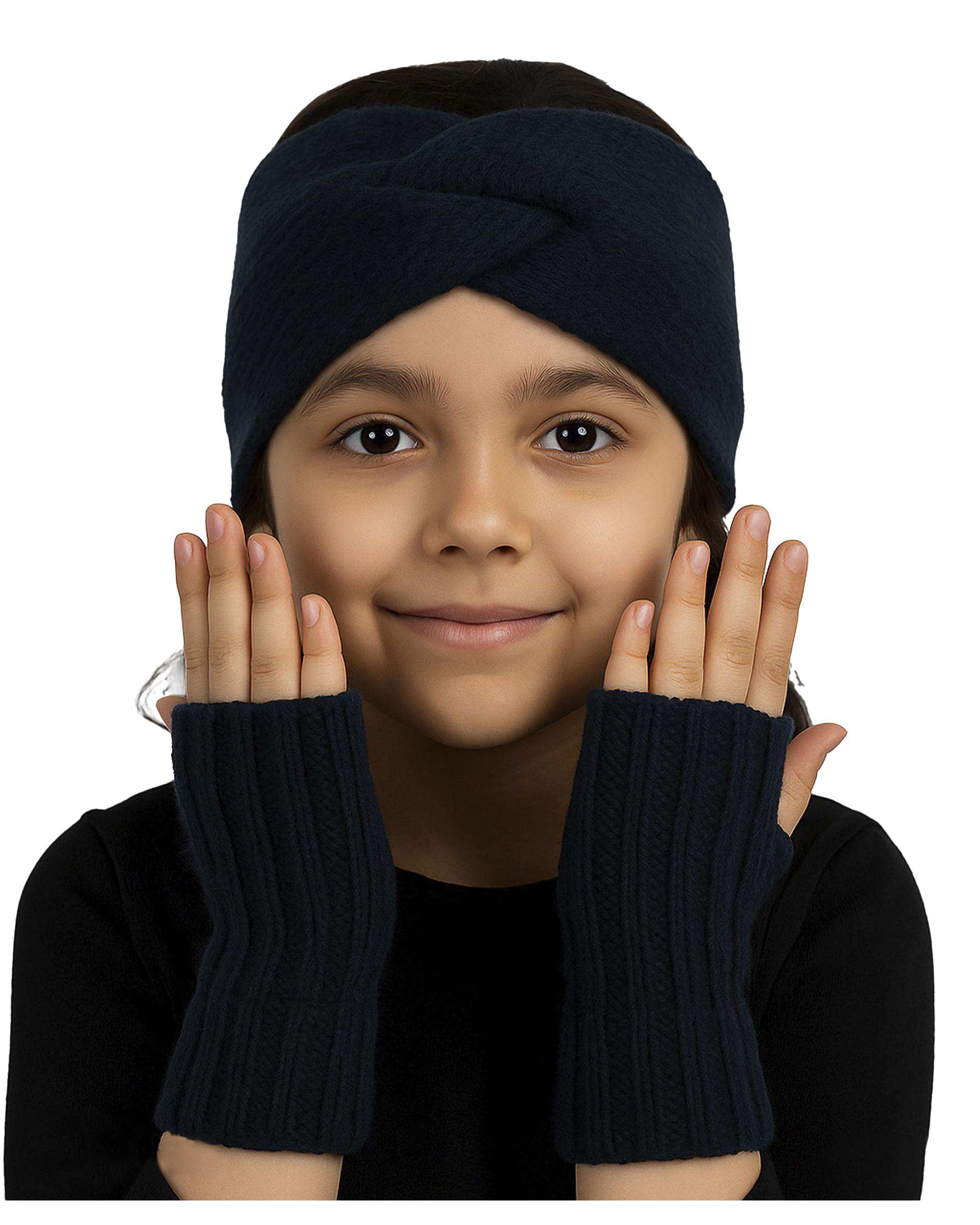 ست سه تکه کلاه و شال گردن و دستکش دخترانه پاپیون دار سرمه ای ملورینا Melorina کد 9114