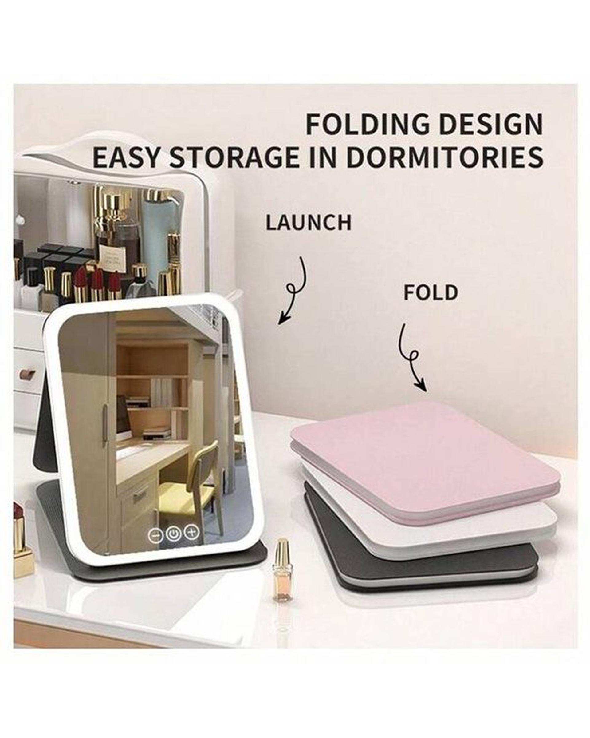 آینه آرایشی چراغ دار تاشو سفید