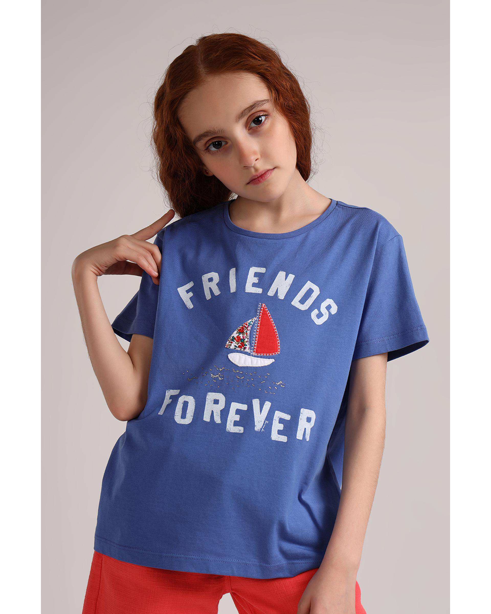 تی شرت دخترانه تکه دوزی آبی تیره سارک Sarak مدل 3905