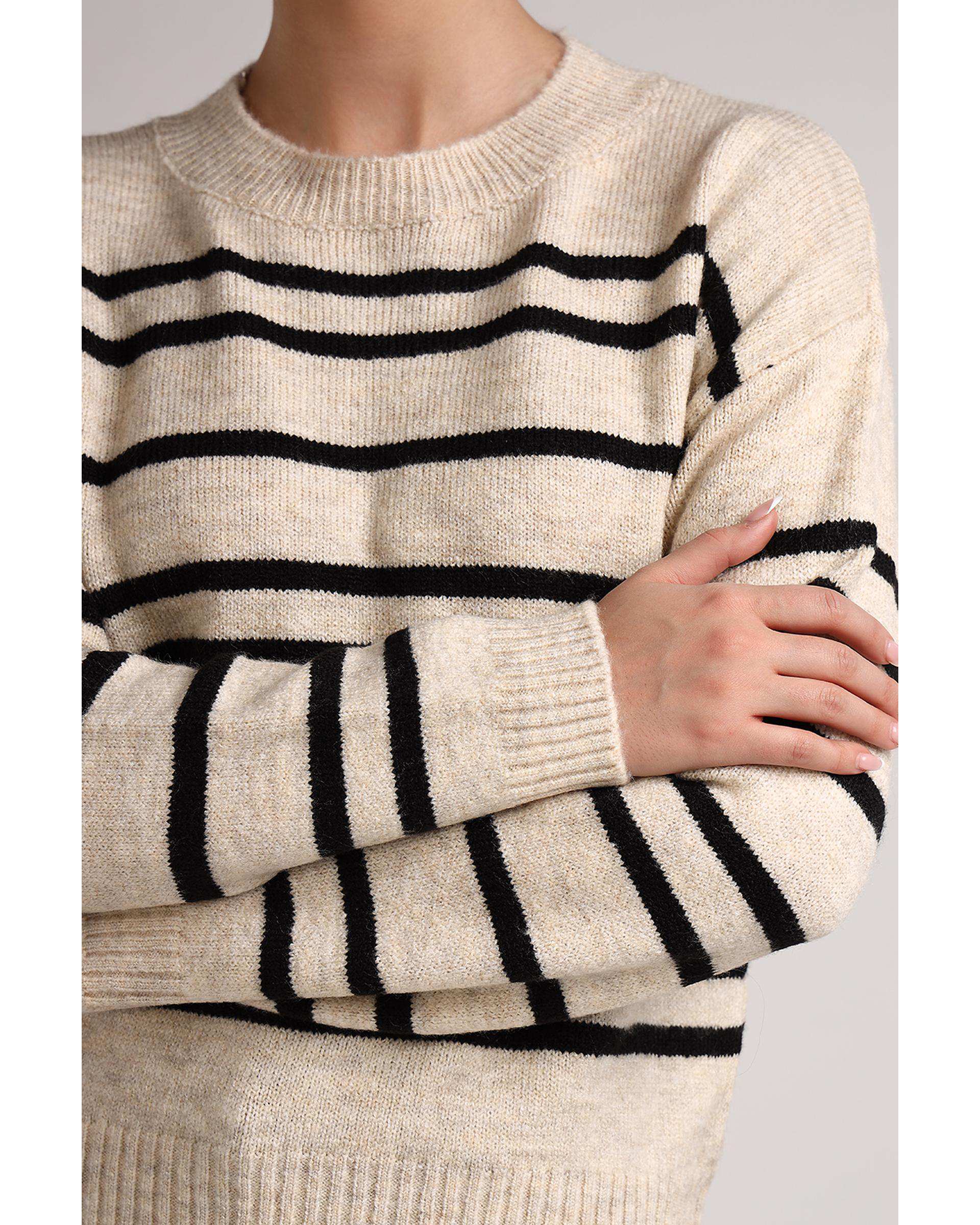 پلیور زنانه راه راه کرم مشکی سارک Sarak مدل 4278