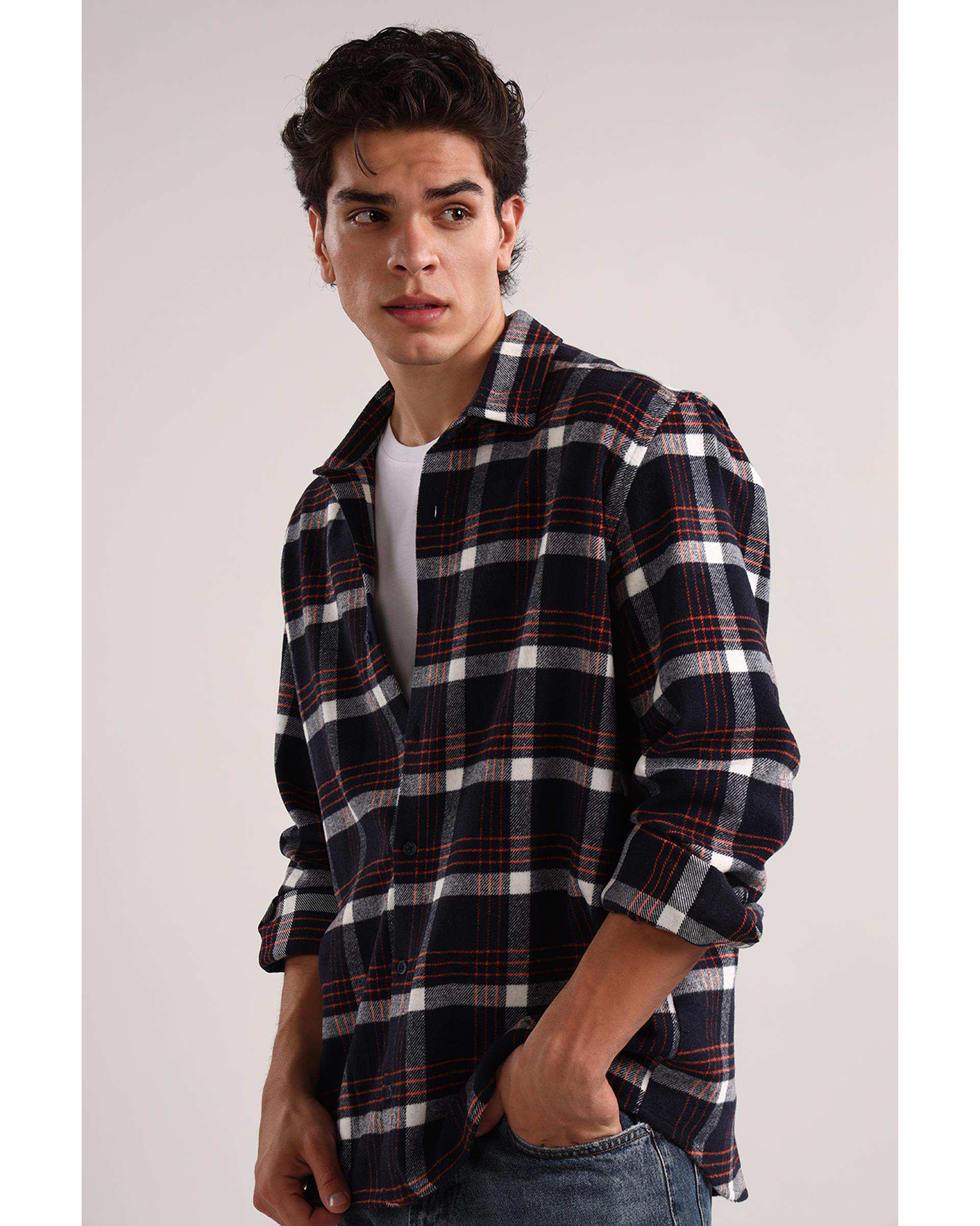 پیراهن مردانه سرمه ای نارنجی سارک Sarak مدل 4571