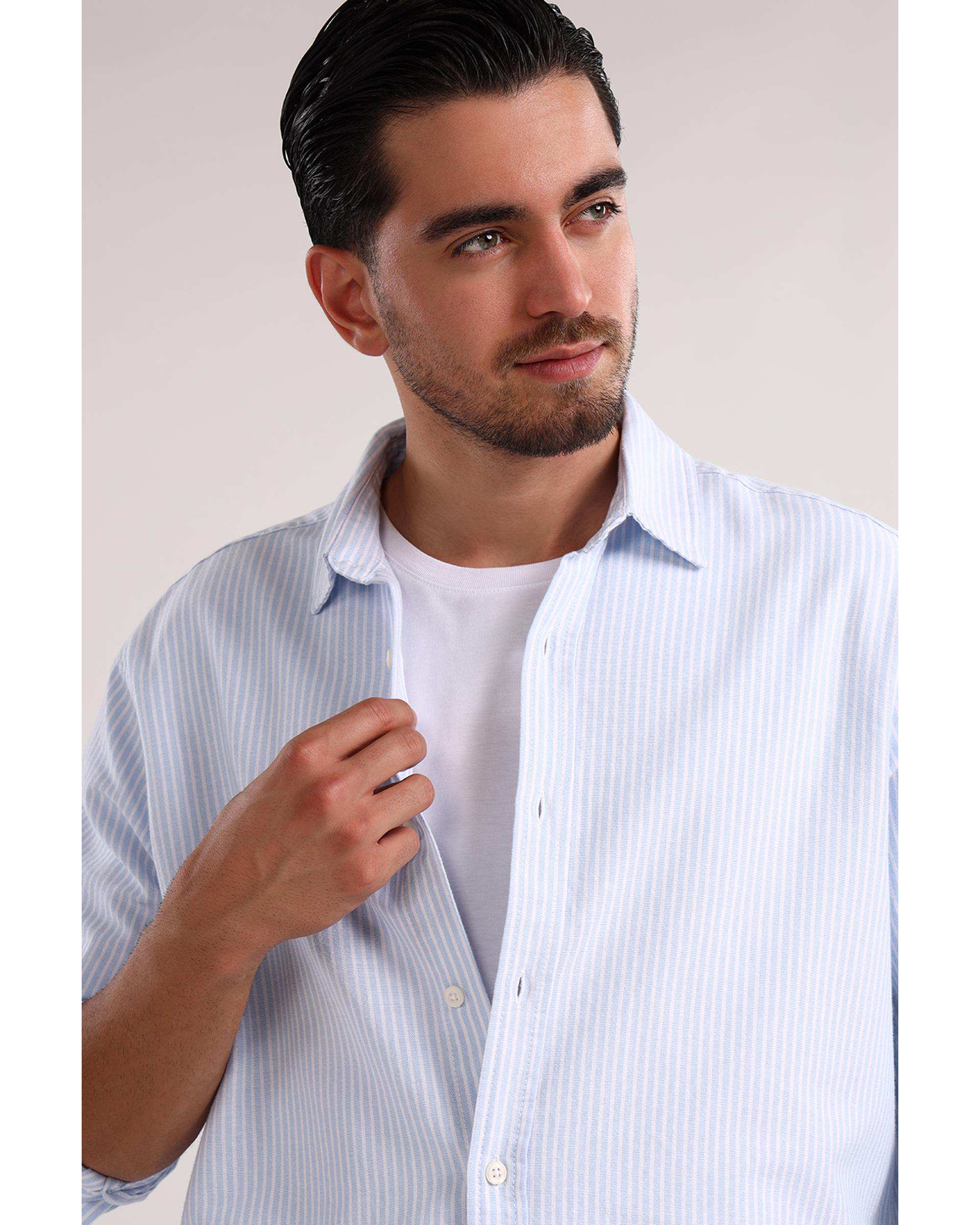 پیراهن مردانه راه راه آبی سفید سارک Sarak مدل 5014