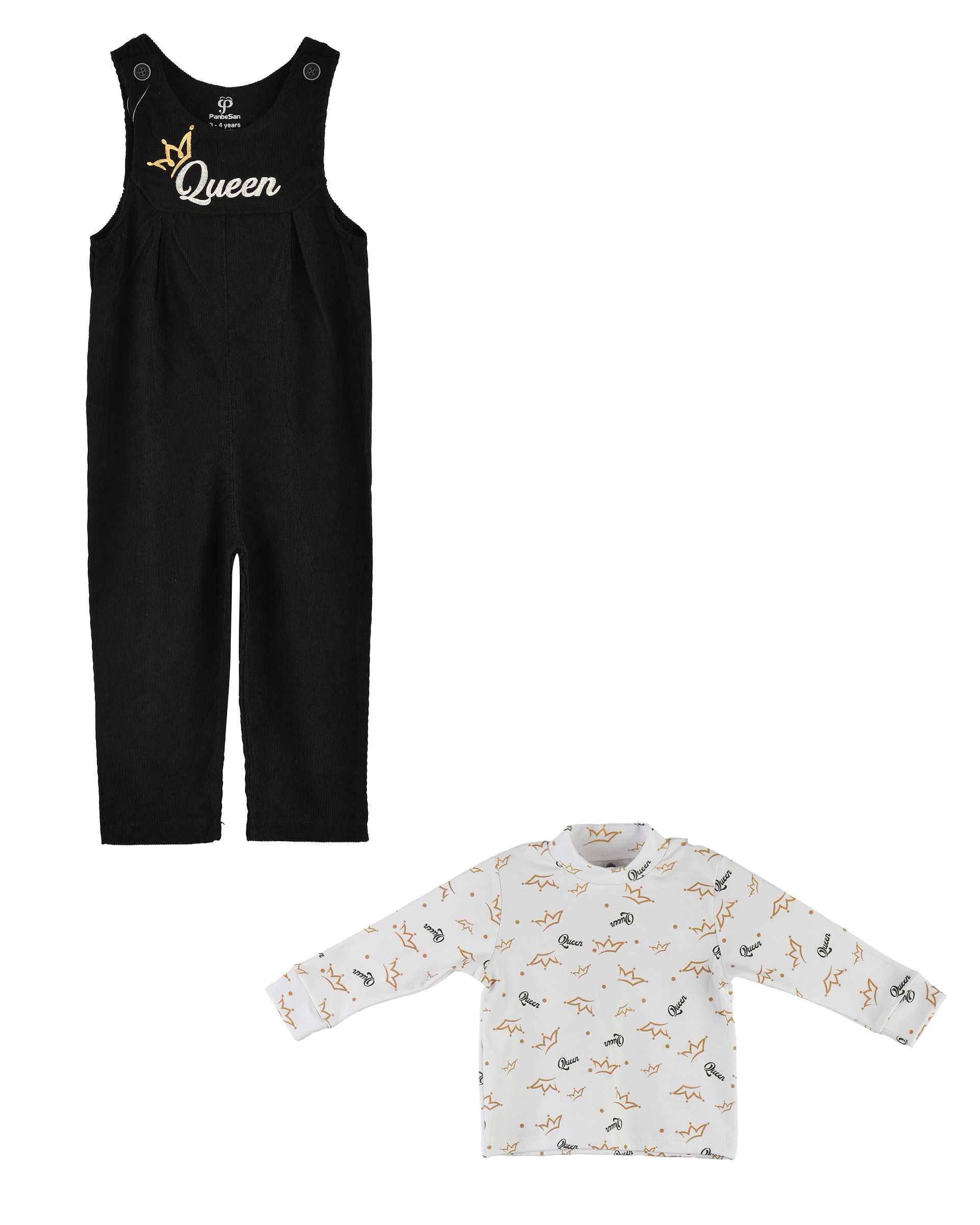 ست سرهمی و بلوز دخترانه مخمل کبریتی مشکی سفید پنبه سان Panbesan