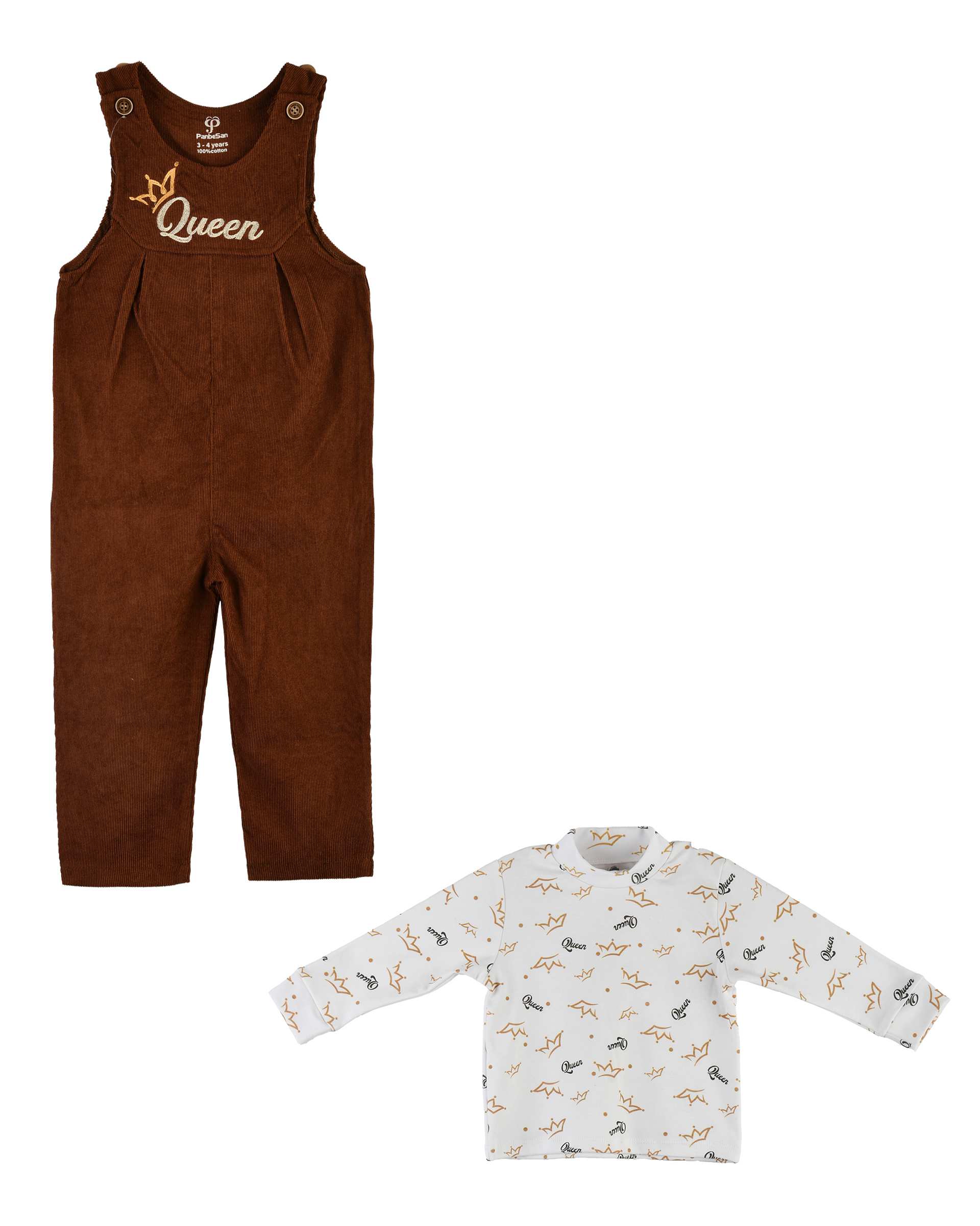 ست سرهمی و بلوز دخترانه مخمل کبریتی قهوه ای سفید پنبه سان Panbesan