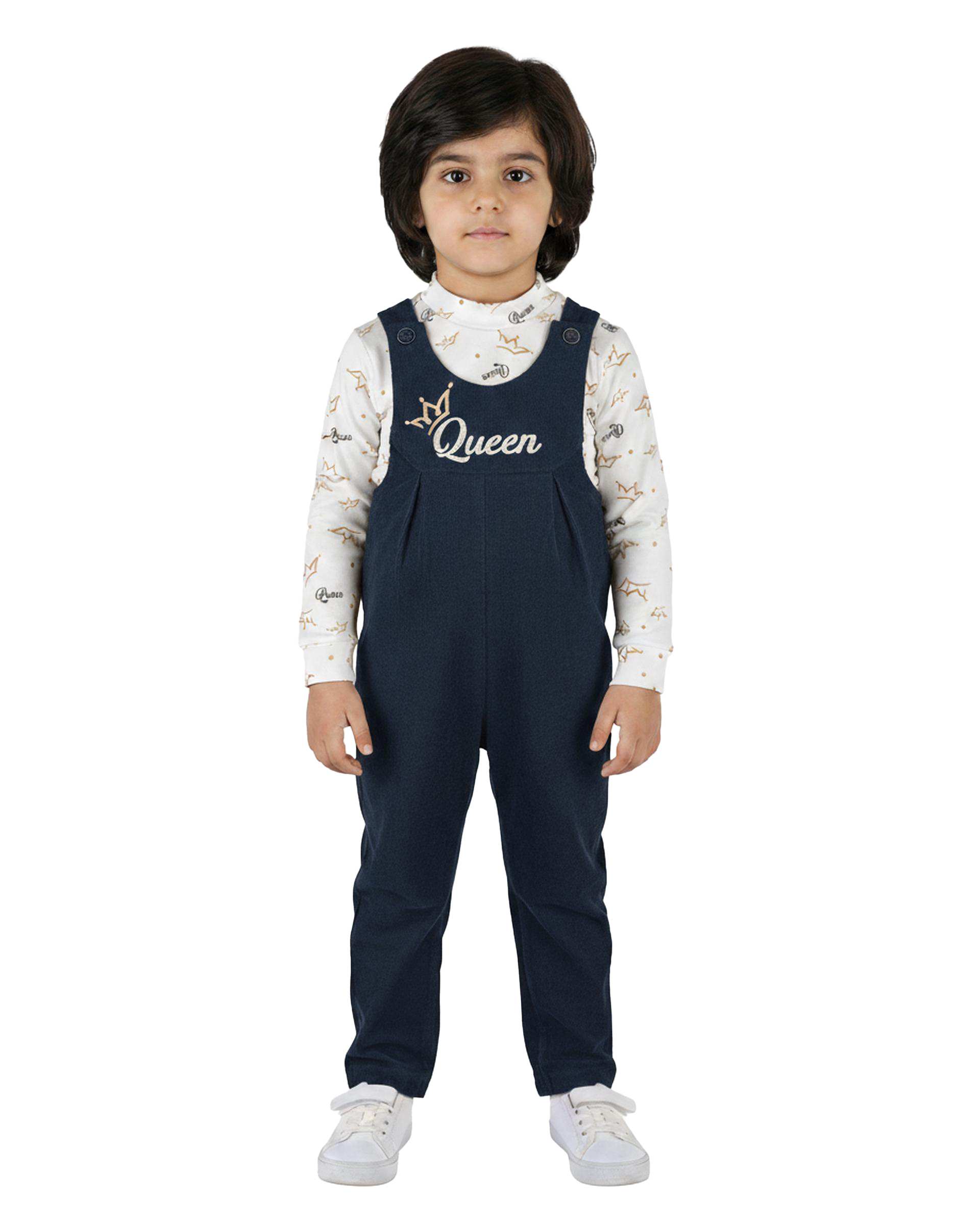 ست سرهمی و بلوز دخترانه مخمل کبریتی سرمه ای سفید پنبه سان Panbesan