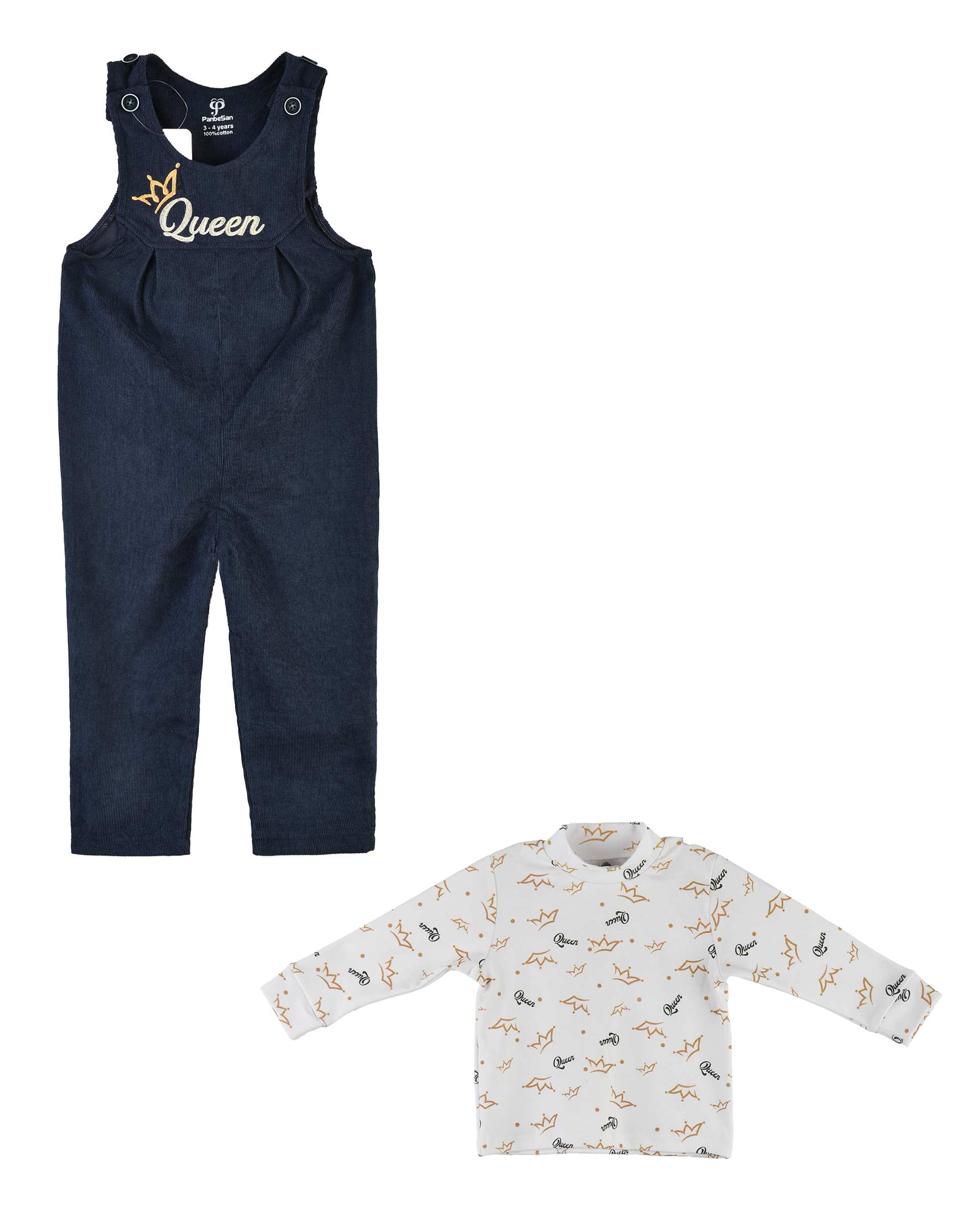 ست سرهمی و بلوز دخترانه مخمل کبریتی سرمه ای سفید پنبه سان Panbesan