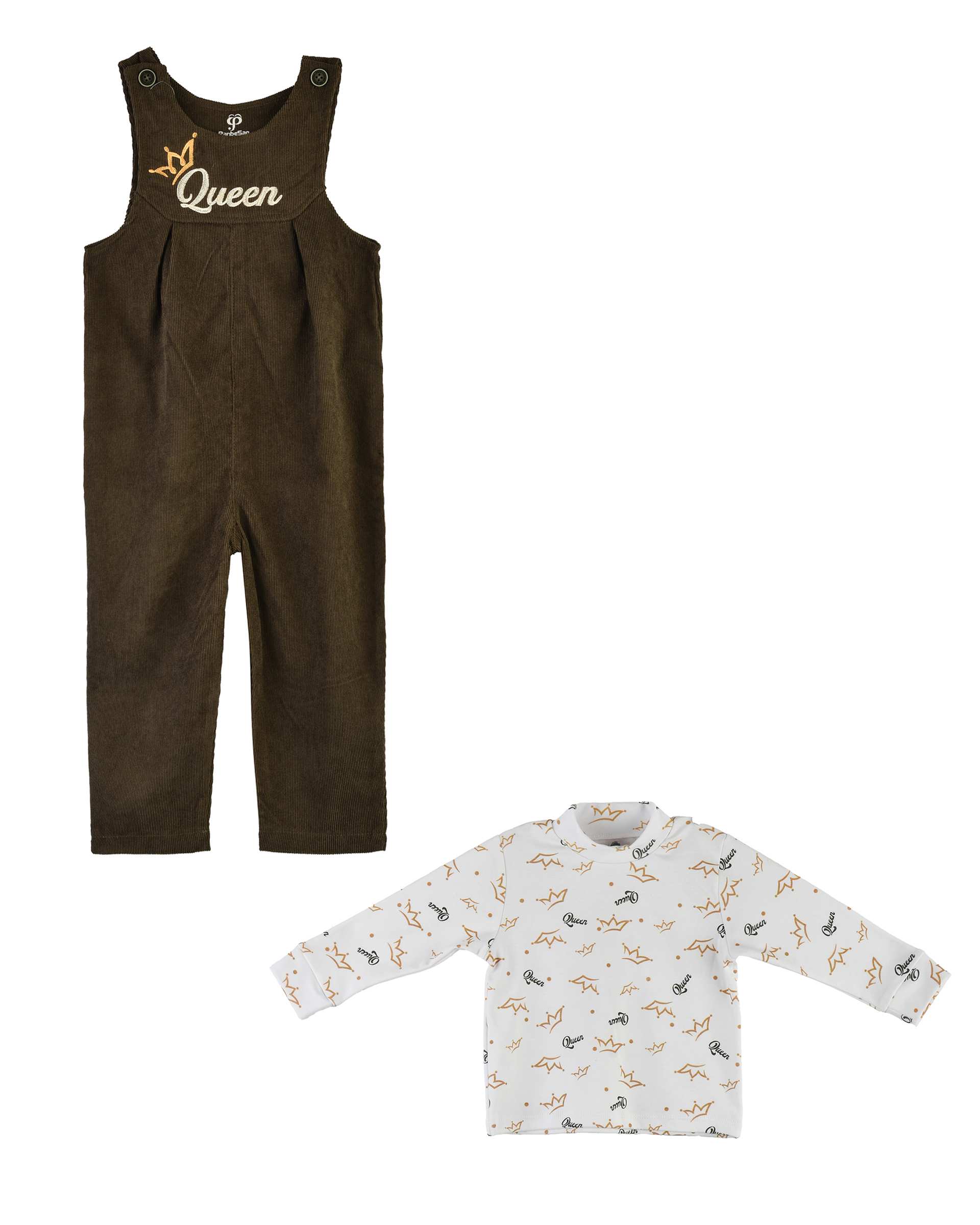 ست سرهمی و بلوز دخترانه مخمل کبریتی سبز سفید پنبه سان Panbesan