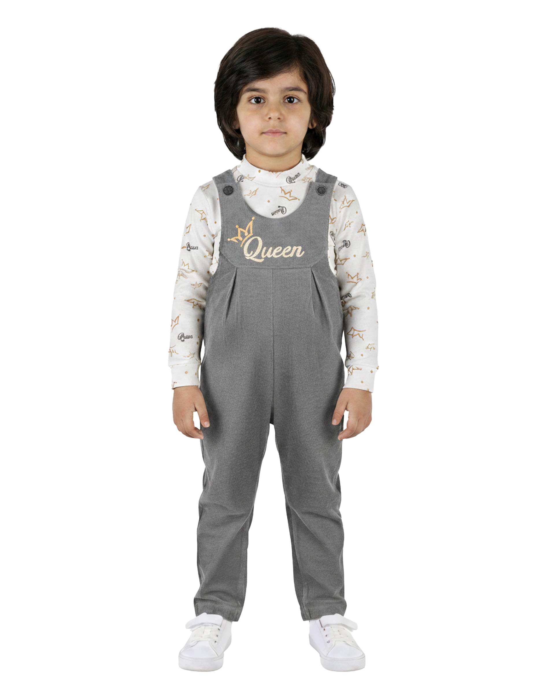 ست سرهمی و بلوز دخترانه مخمل کبریتی طوسی سفید پنبه سان Panbesan