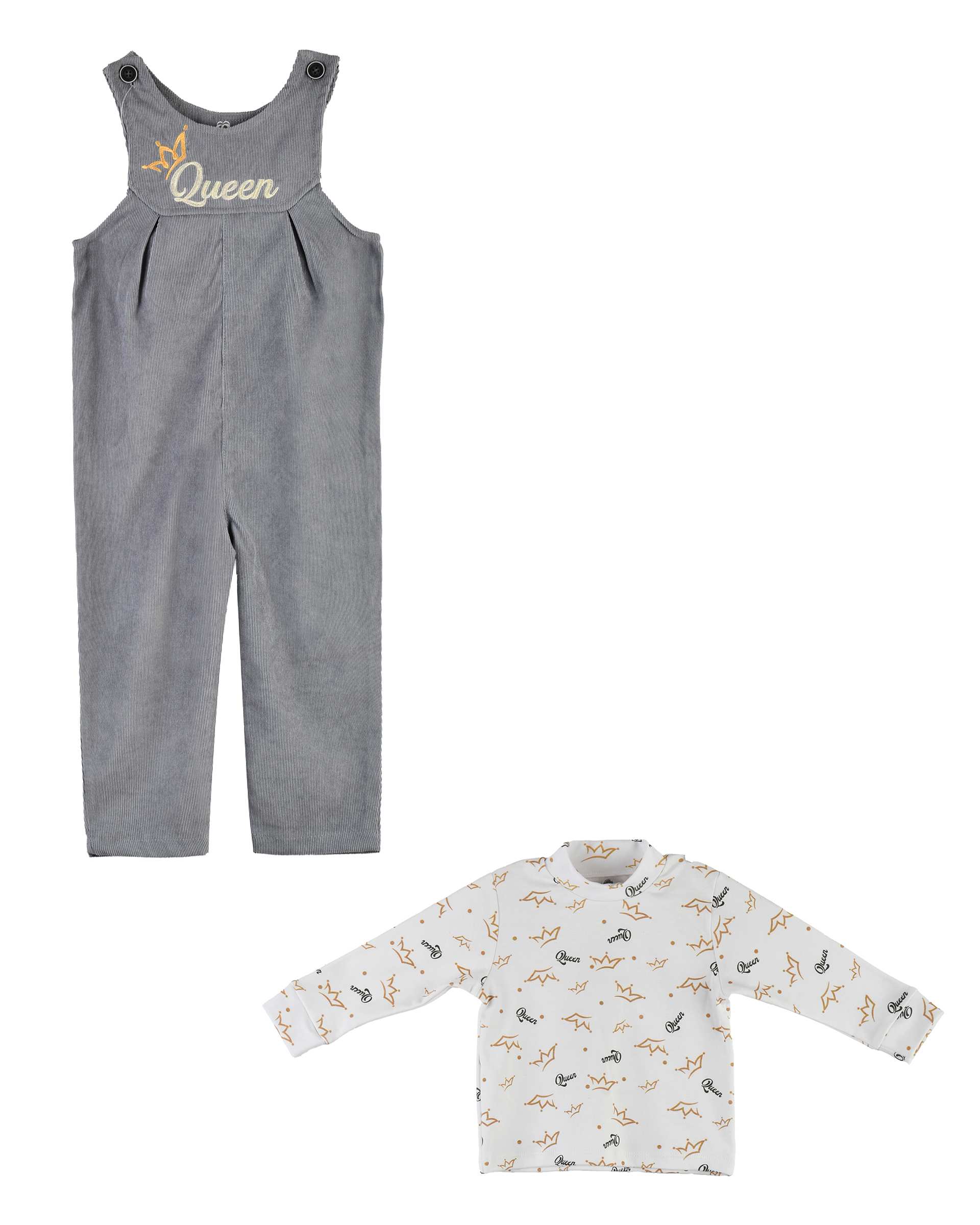 ست سرهمی و بلوز دخترانه مخمل کبریتی طوسی سفید پنبه سان Panbesan