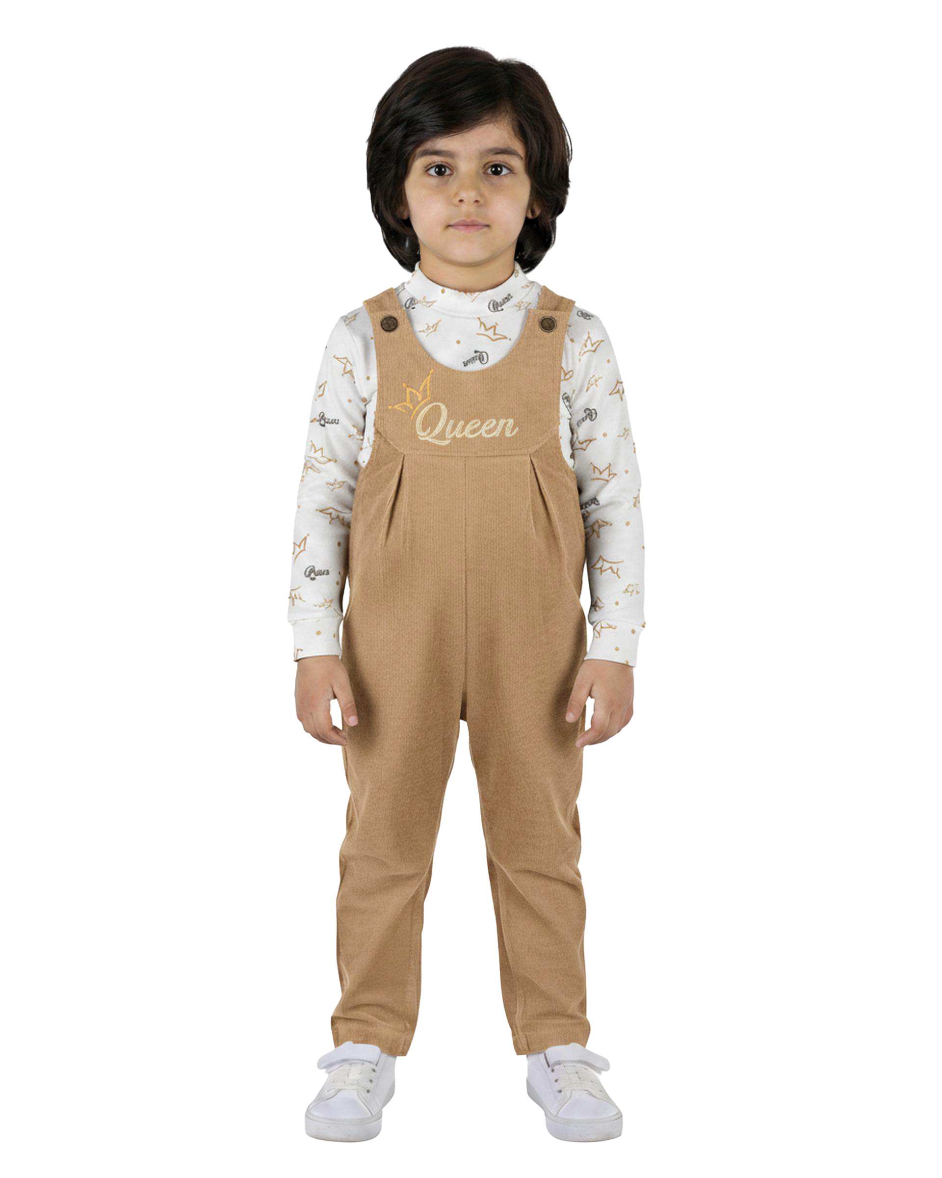 ست سرهمی و بلوز دخترانه مخمل کبریتی کرم سفید پنبه سان Panbesan