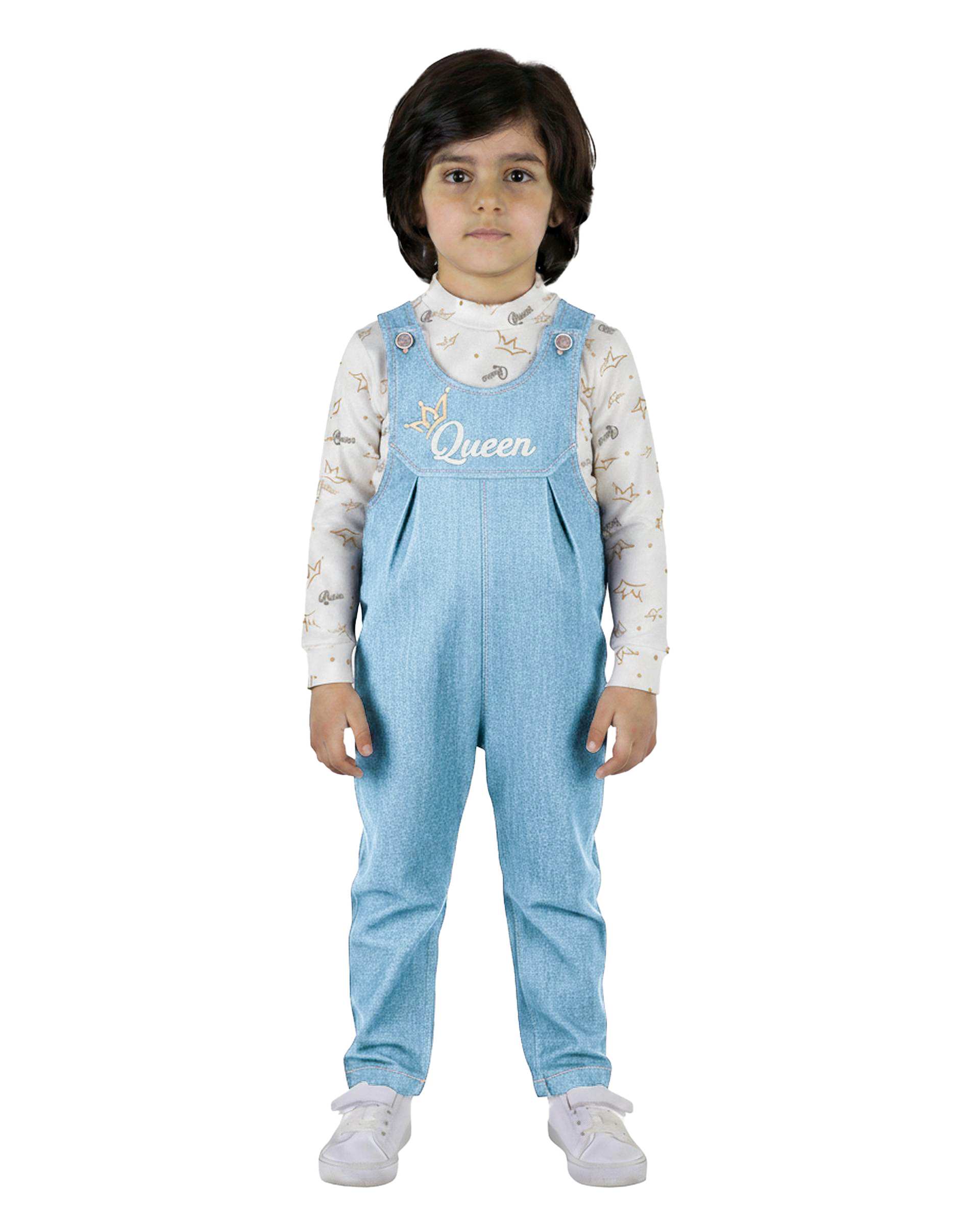 ست سرهمی و بلوز دخترانه جین نازک آبی روشن پنبه سان Panbesan