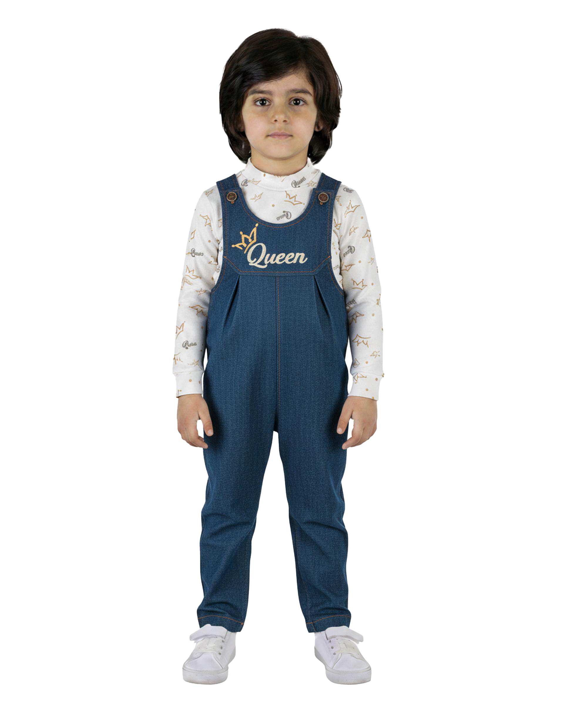 ست سرهمی و بلوز دخترانه جین نازک آبی سفید پنبه سان Panbesan