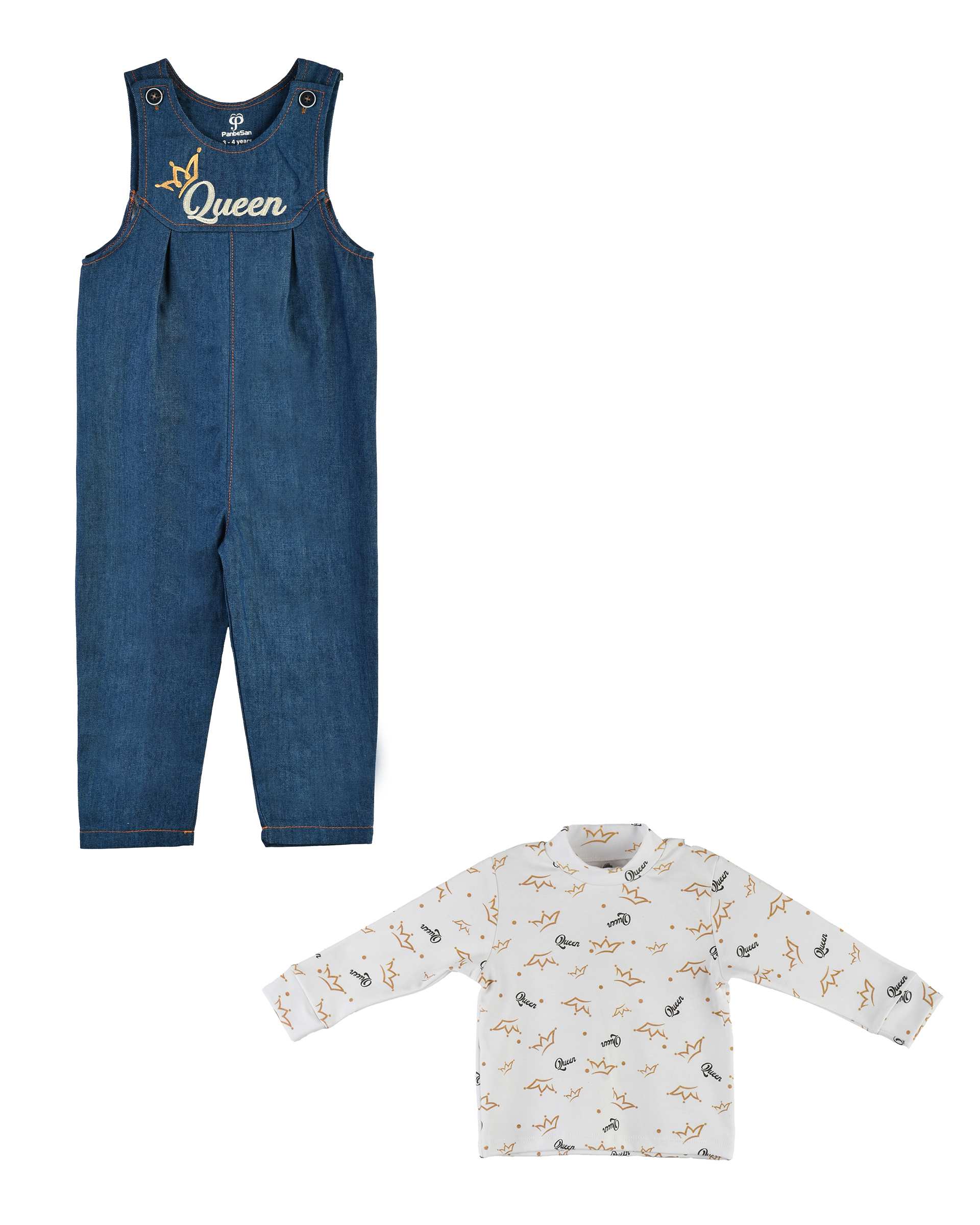 ست سرهمی و بلوز دخترانه جین نازک آبی سفید پنبه سان Panbesan