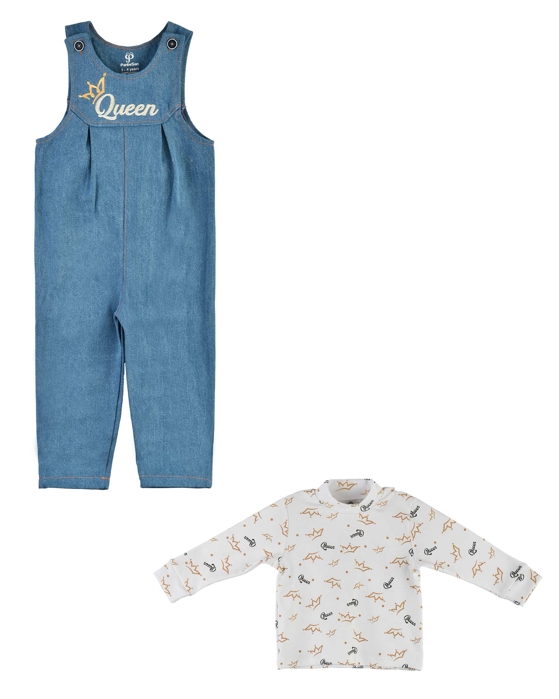 ست سرهمی و بلوز دخترانه جین ضخیم آبی سفید پنبه سان Panbesan