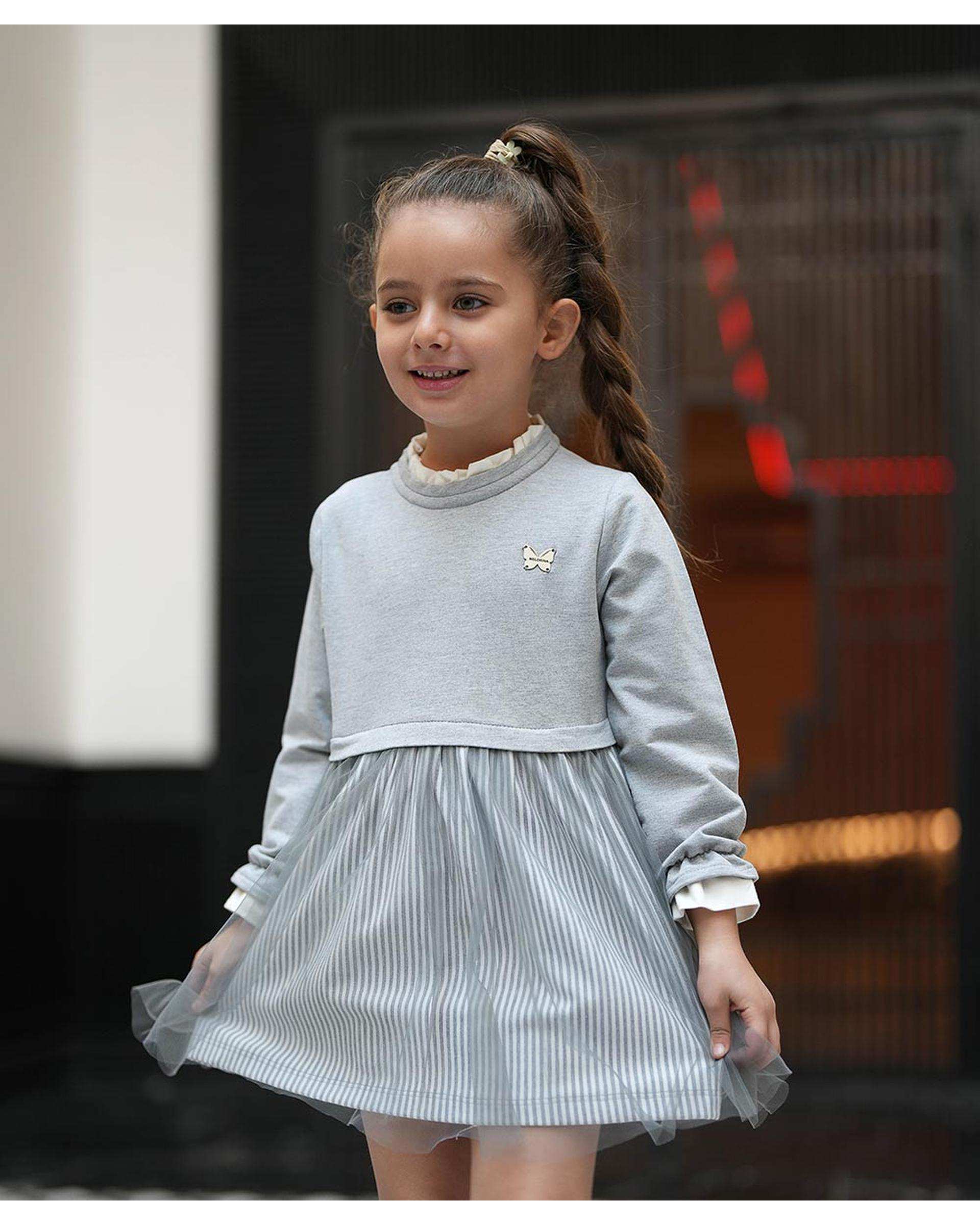 پیراهن دخترانه پورتو دامن تور طوسی ملورینا Melorina کد 3810