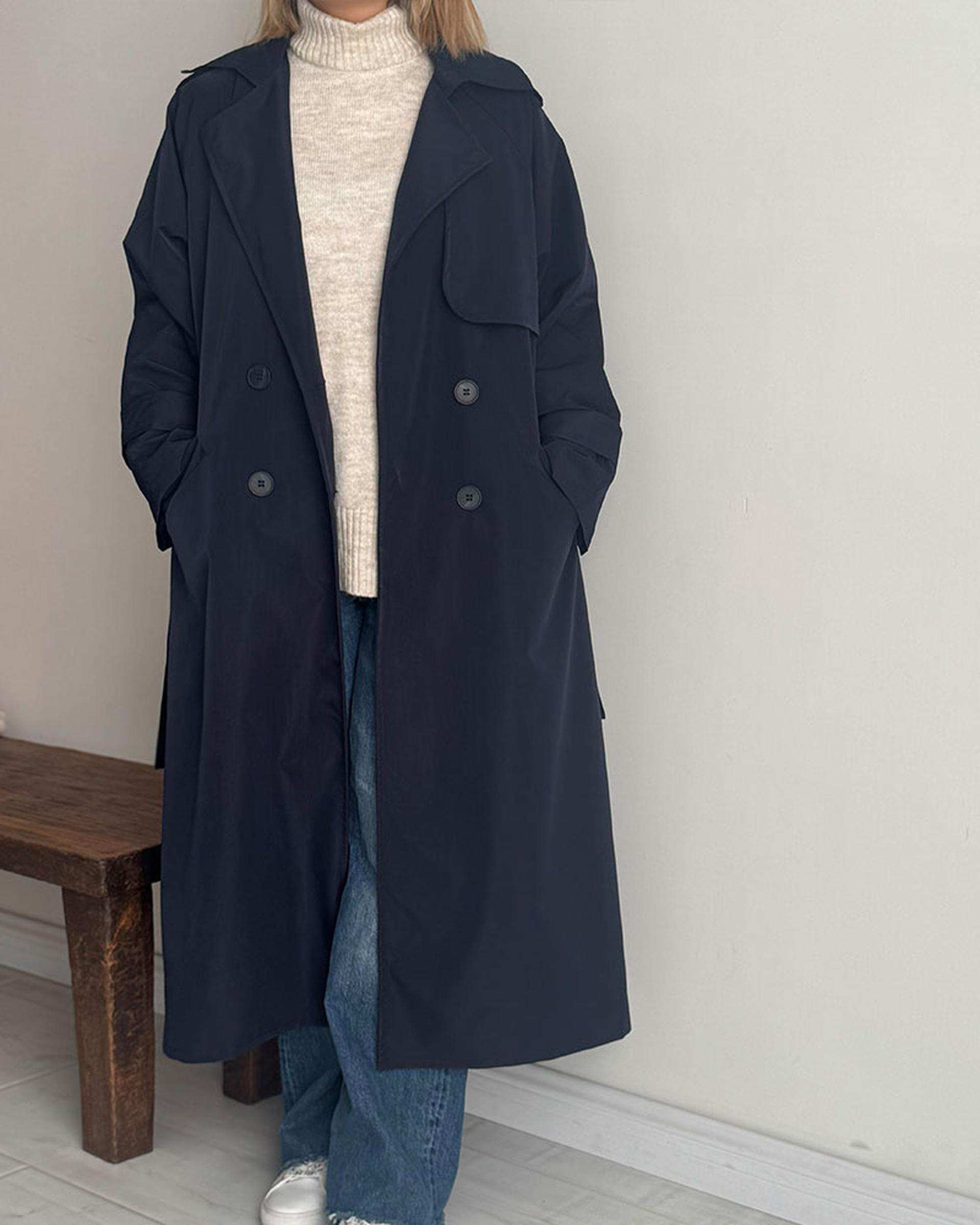 ترنچ کت زنانه بلند سرمه ای نگار ندایی Negar Nedaei مدل Drop