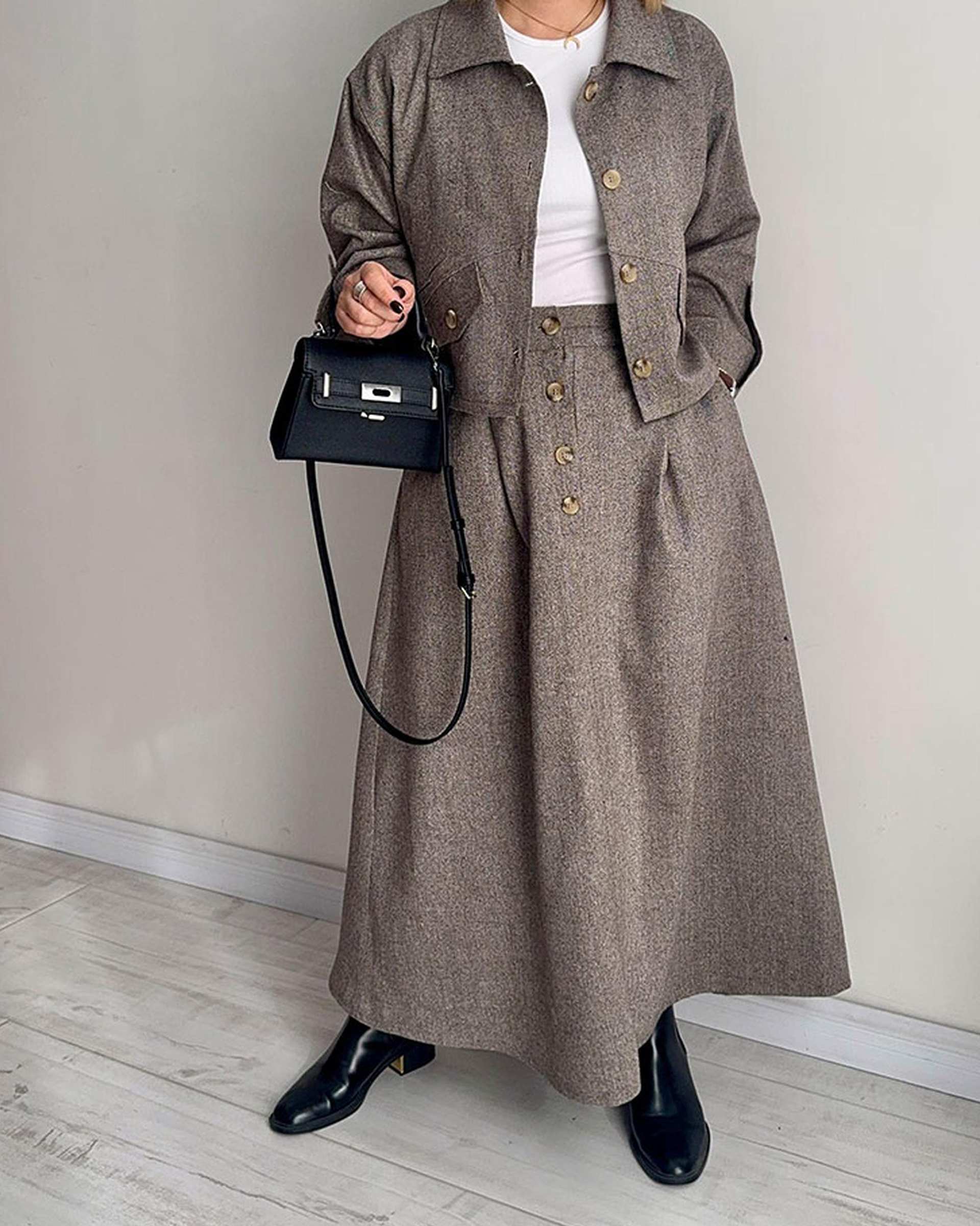 ست کت و دامن زنانه نسکافه ای گار ندایی Negar Nedaei مدل Tinto