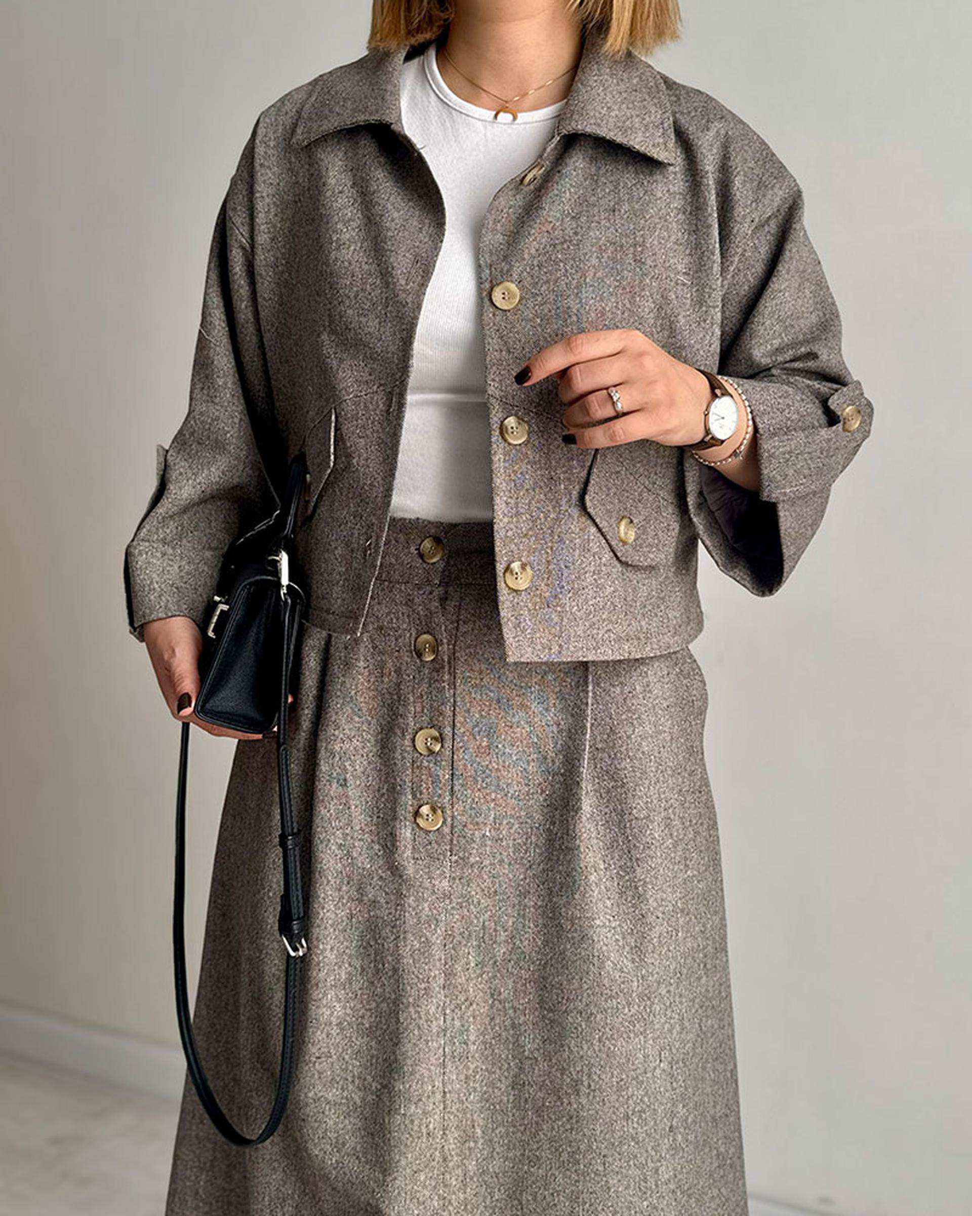 ست کت و دامن زنانه نسکافه ای گار ندایی Negar Nedaei مدل Tinto